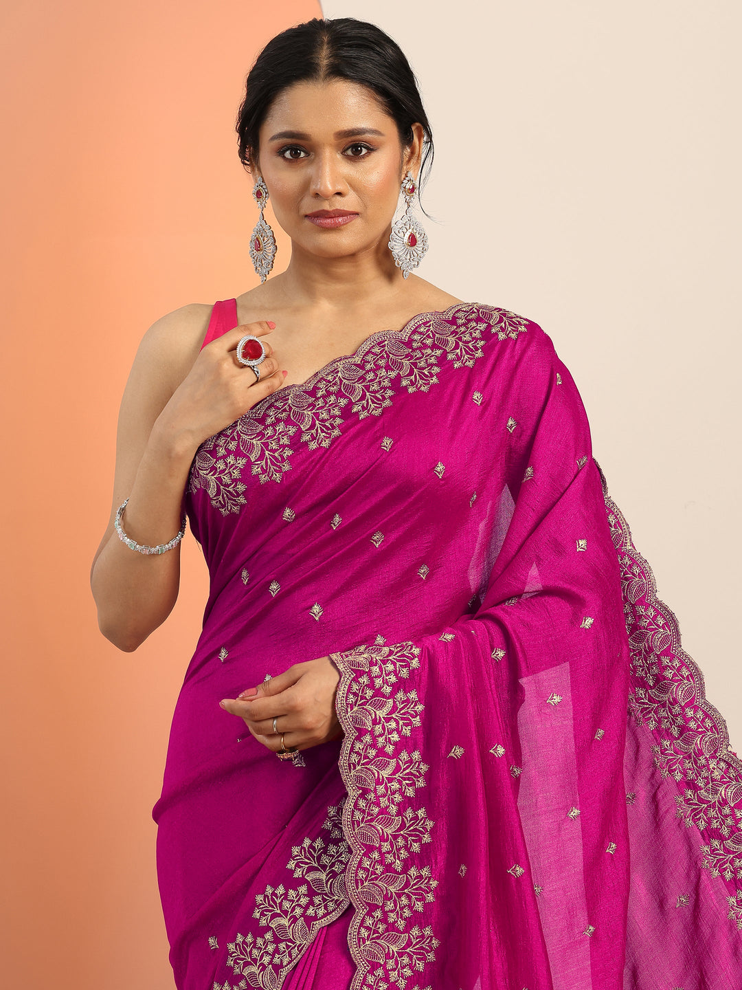  Pink Embroidered Silk blend Saree With Unstitched Blouse Piece 