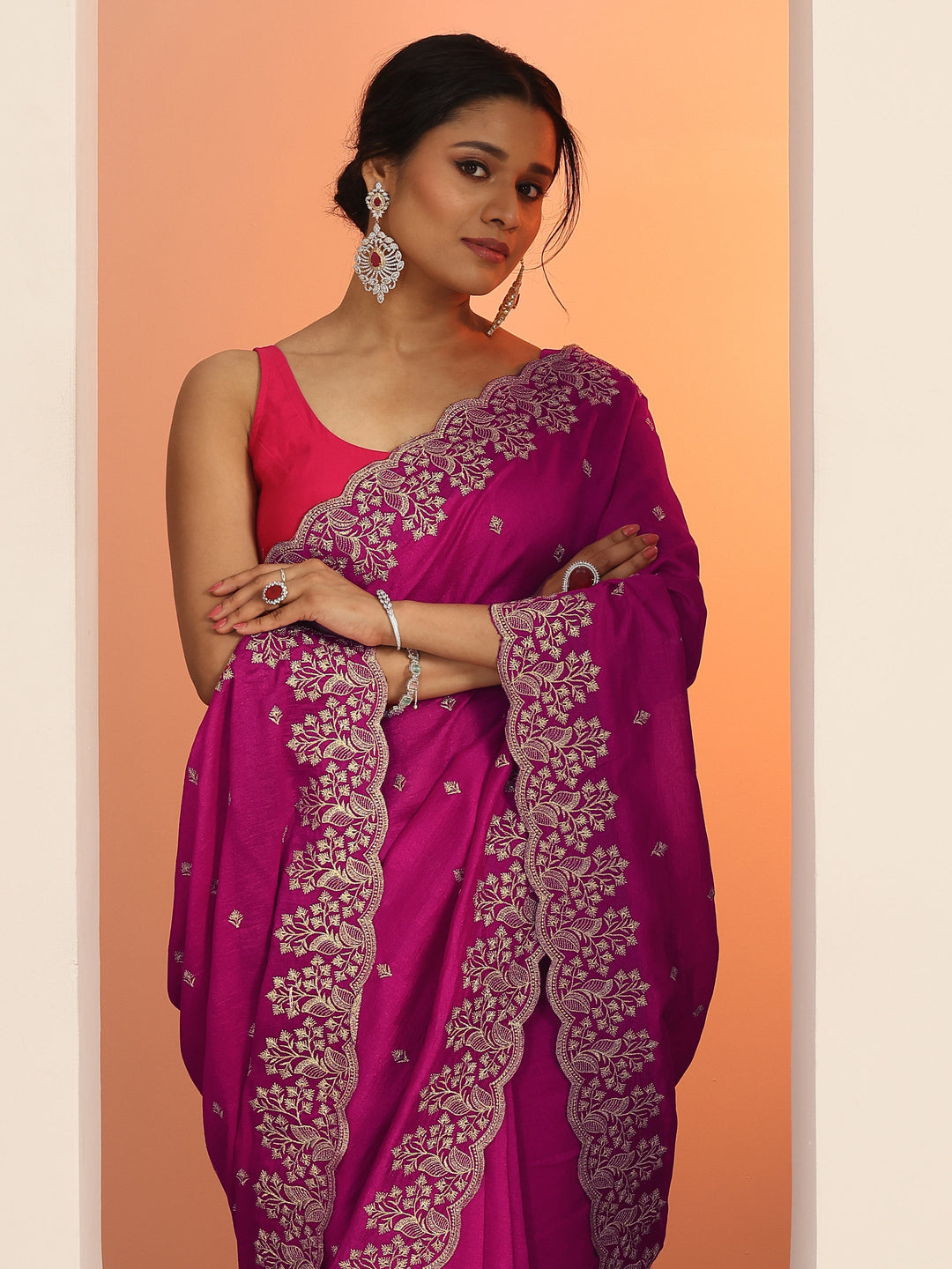 Pink Embroidered Silk blend Saree With Unstitched Blouse Piece 
