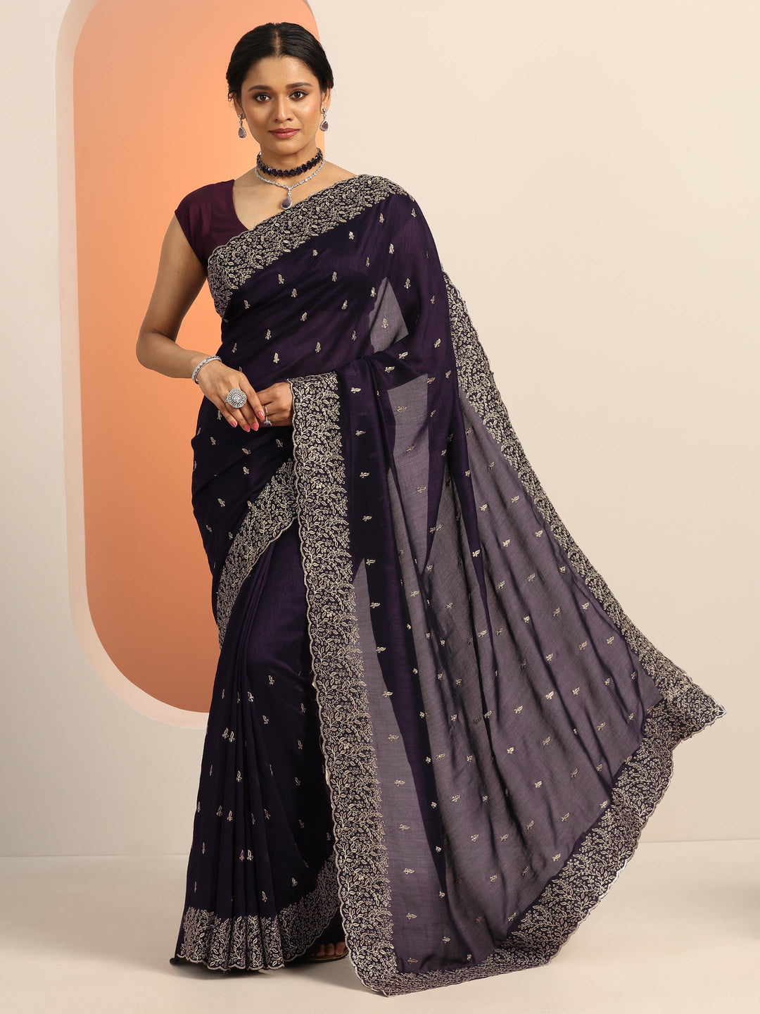  Purple Embroidered Silk blend Saree With Unstitched Blouse Piece 