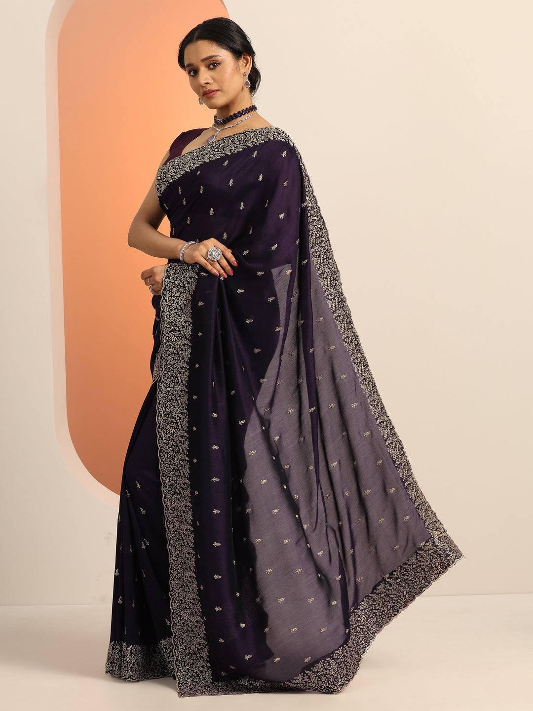  Purple Embroidered Silk blend Saree With Unstitched Blouse Piece 