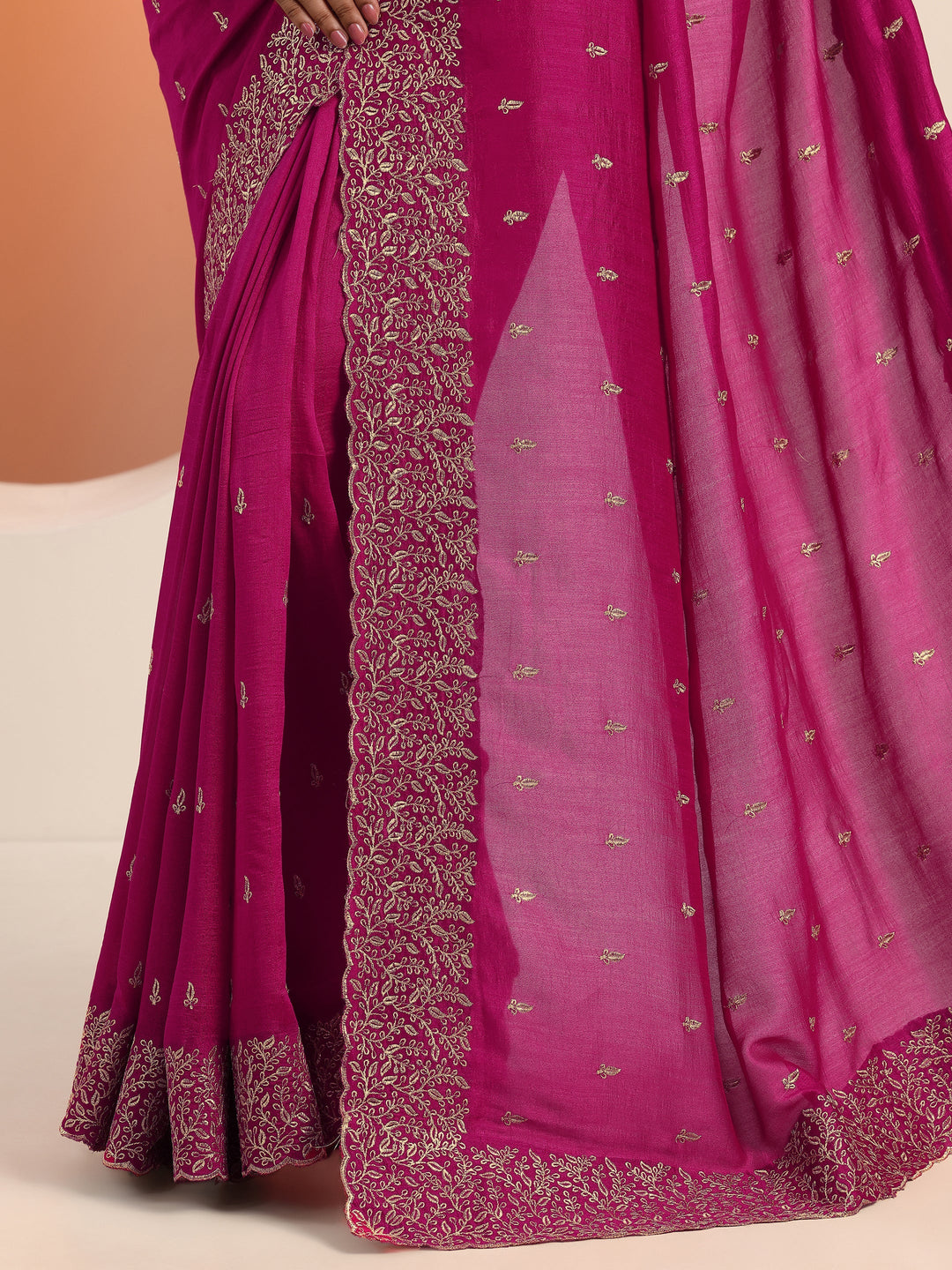  Magenta Embroidered Silk blend Saree With Unstitched Blouse Piece 