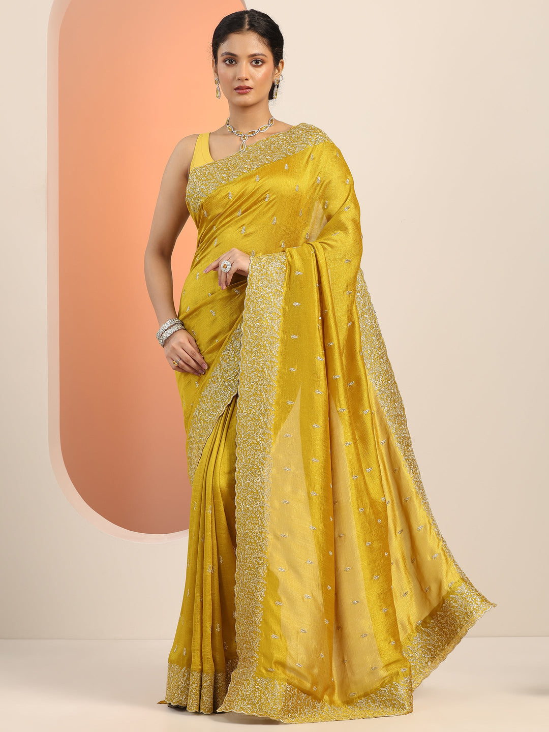  Mustard Embroidered Silk blend Saree With Unstitched Blouse Piece 