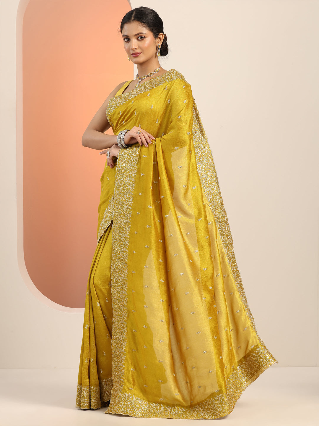  Mustard Embroidered Silk blend Saree With Unstitched Blouse Piece 