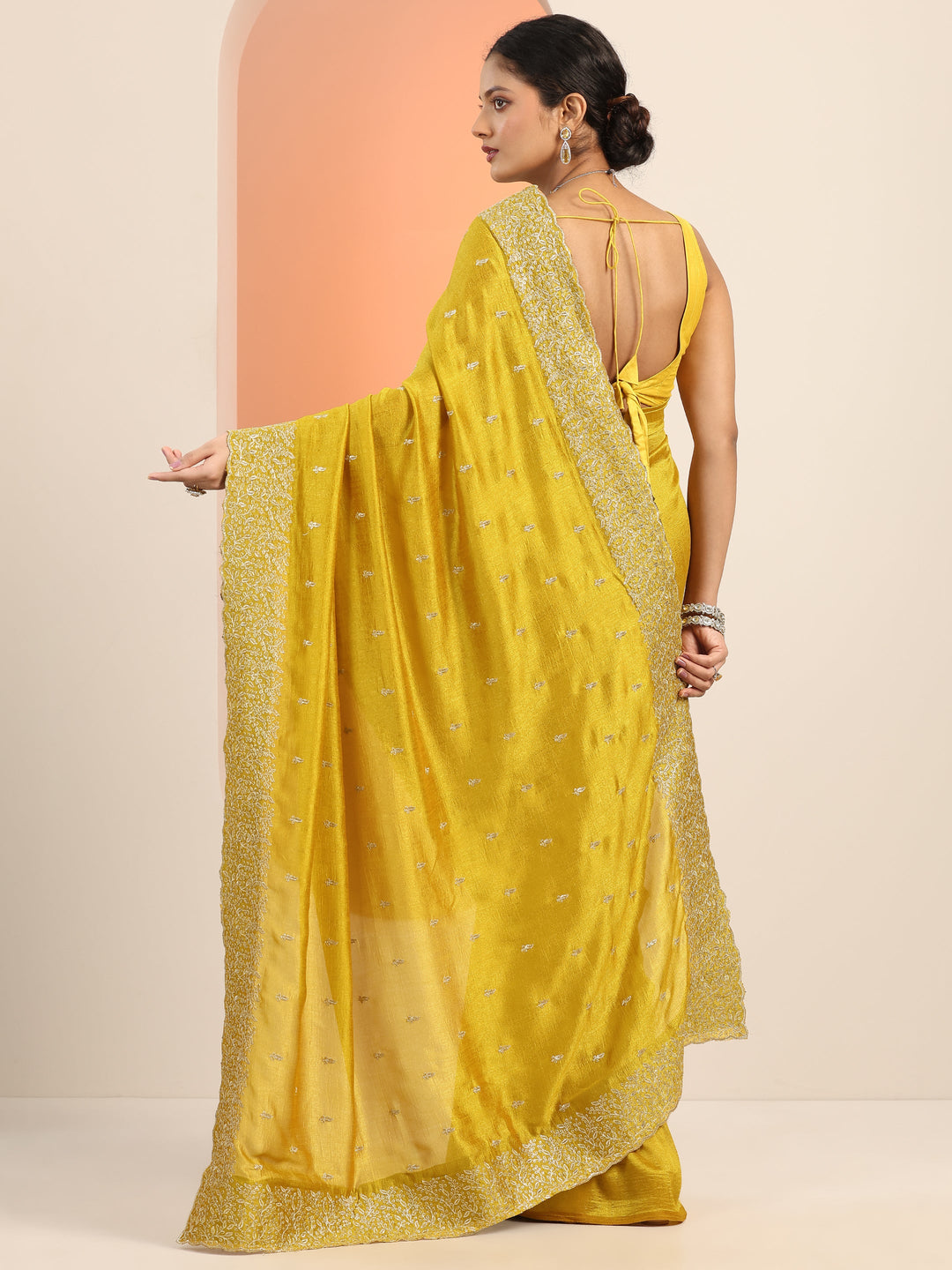  Mustard Embroidered Silk blend Saree With Unstitched Blouse Piece 