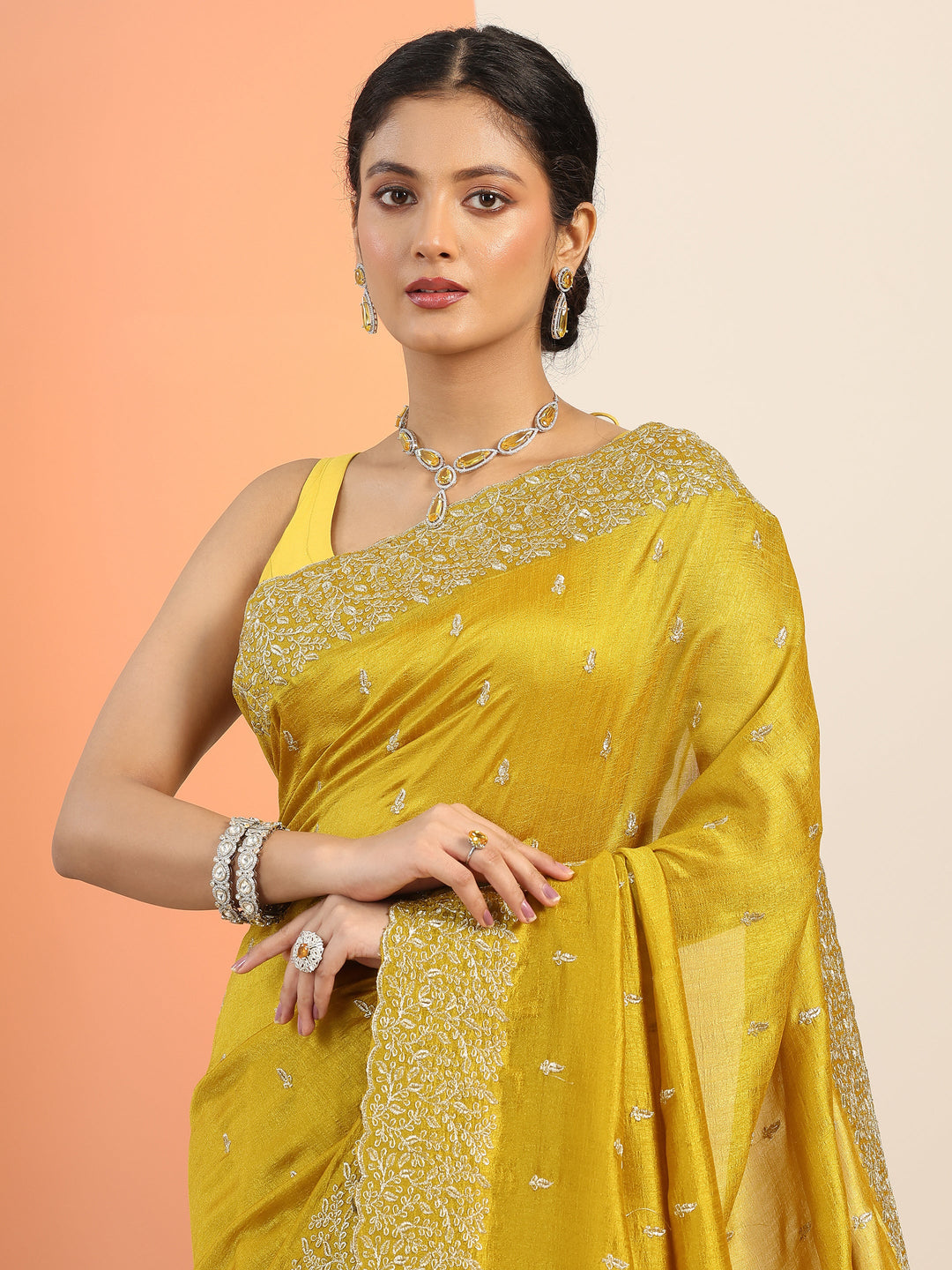  Mustard Embroidered Silk blend Saree With Unstitched Blouse Piece 
