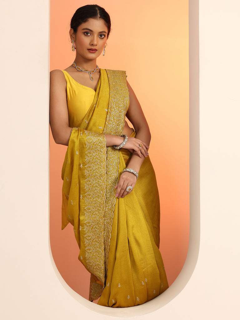 Libas Mustard Embroidered Silk blend Saree With Unstitched Blouse Piece