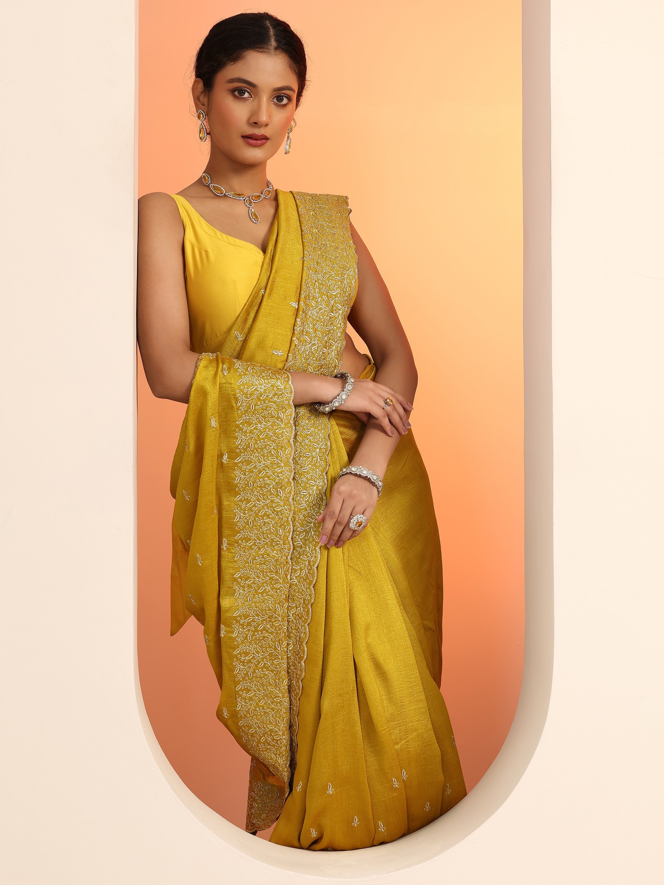 libas Mustard Embroidered Silk blend Saree With Unstitched Blouse Piece-picture-56