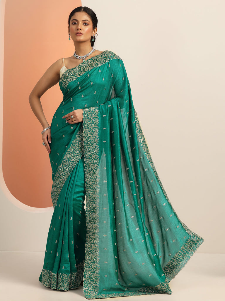 Libas Green Embroidered Silk blend Saree With Unstitched Blouse Piece
