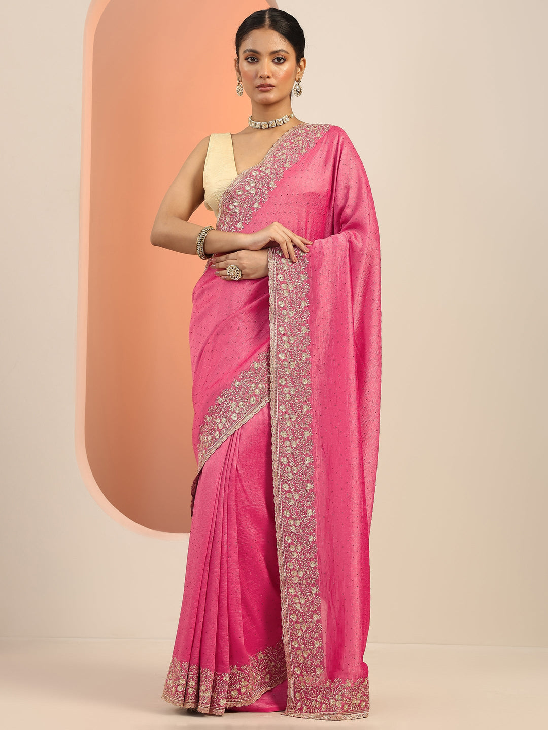  Peach Embellished Silk Blend Saree With Unstitched Blouse Piece 
