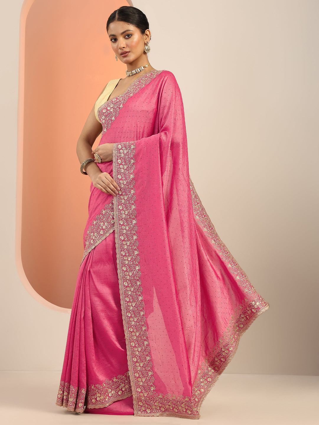  Peach Embellished Silk Blend Saree With Unstitched Blouse Piece 
