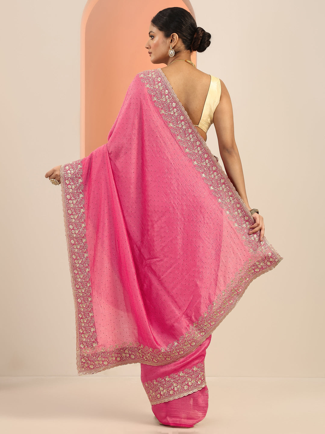  Peach Embellished Silk Blend Saree With Unstitched Blouse Piece 