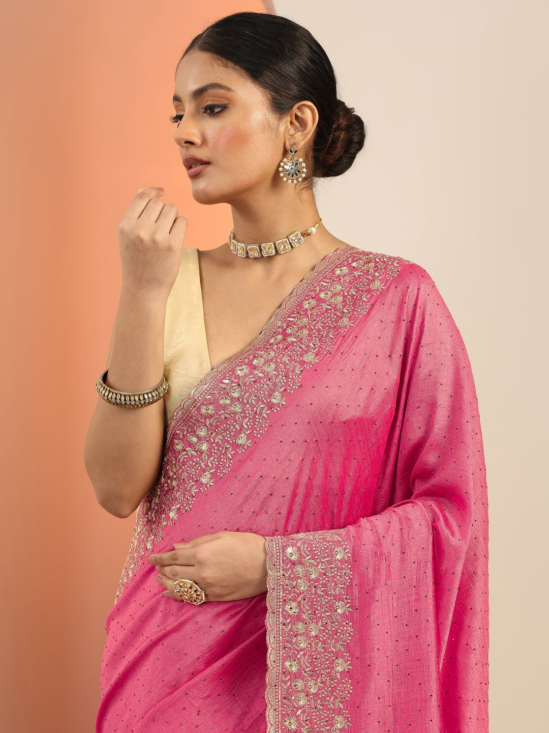  Peach Embellished Silk Blend Saree With Unstitched Blouse Piece 