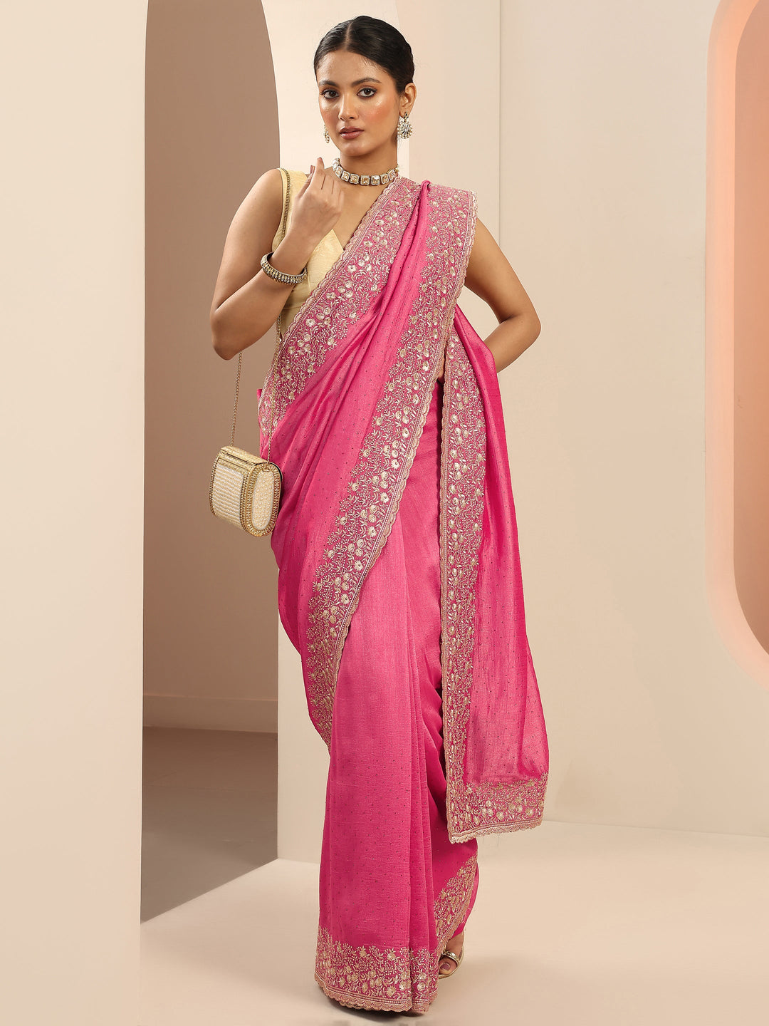  Peach Embellished Silk Blend Saree With Unstitched Blouse Piece 