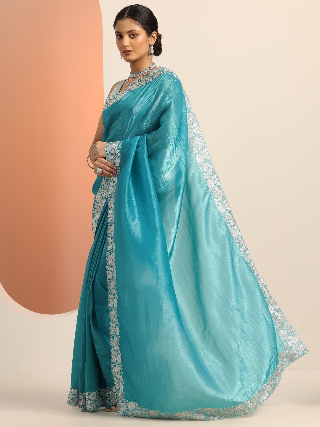  Blue Embroidered Organza Saree With Unstitched Blouse Piece 