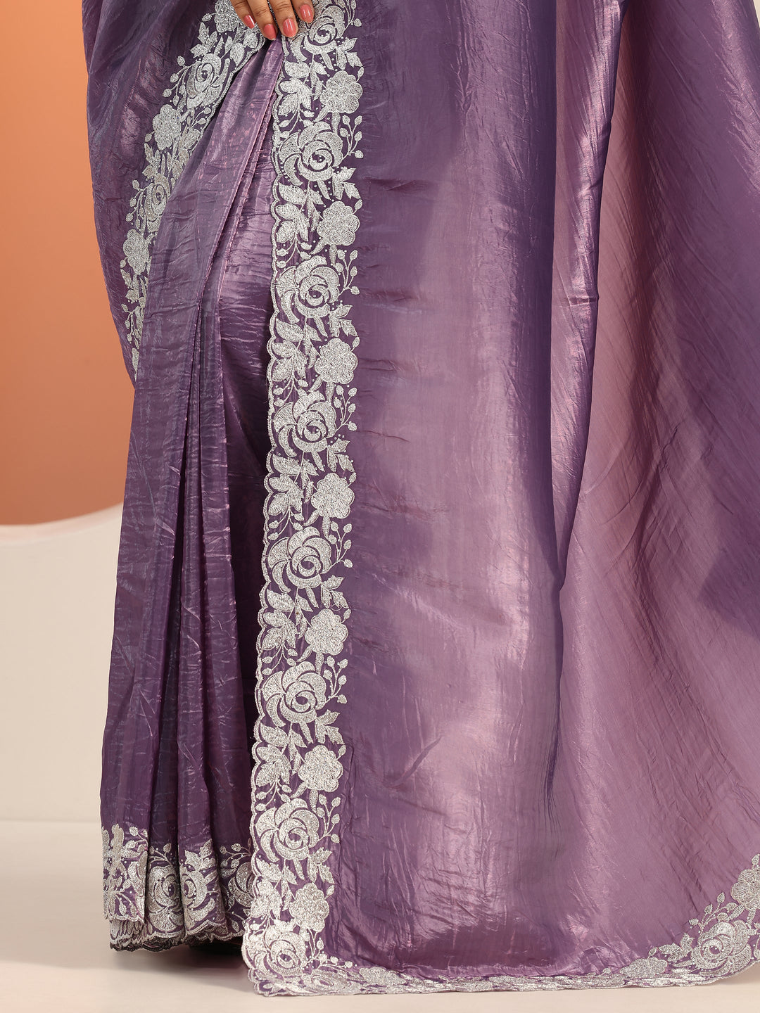  Purple Embroidered Organza Saree With Unstitched Blouse Piece 
