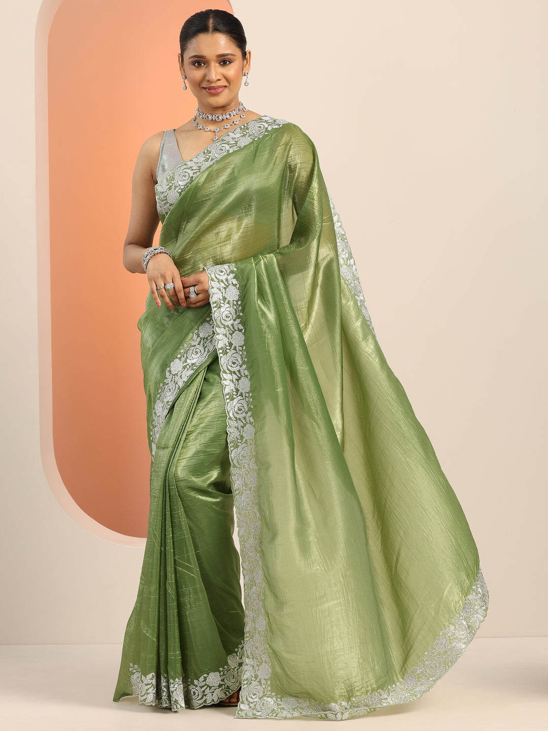  Olive Embroidered Organza Saree With Unstitched Blouse Piece 