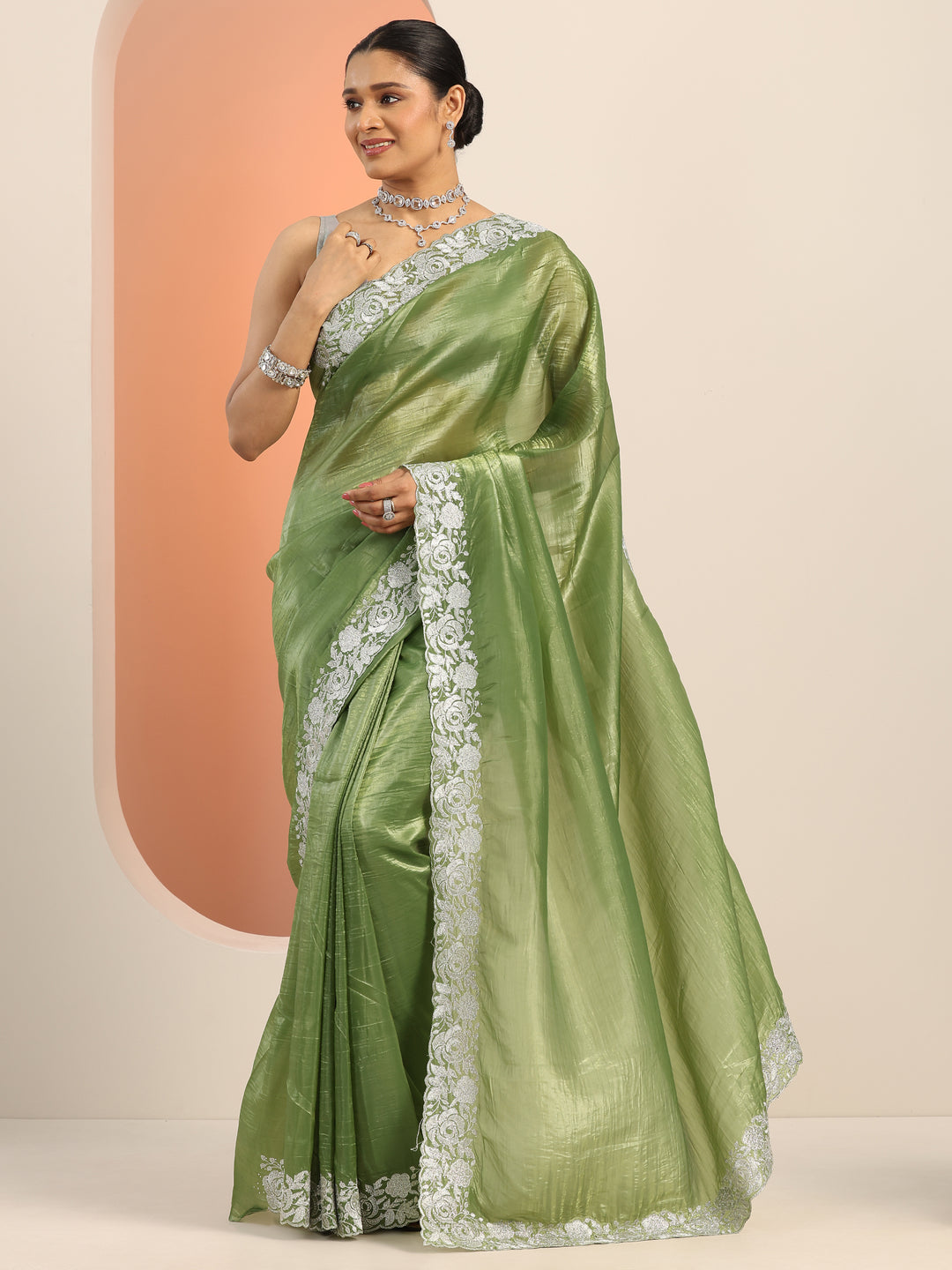  Olive Embroidered Organza Saree With Unstitched Blouse Piece 
