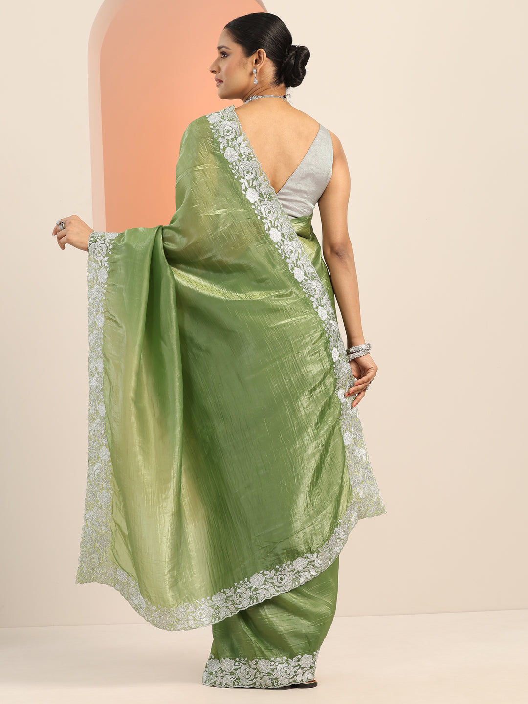  Olive Embroidered Organza Saree With Unstitched Blouse Piece 