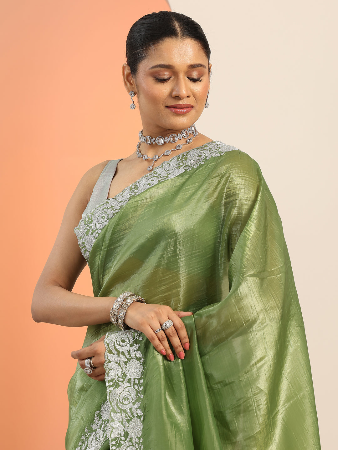  Olive Embroidered Organza Saree With Unstitched Blouse Piece 