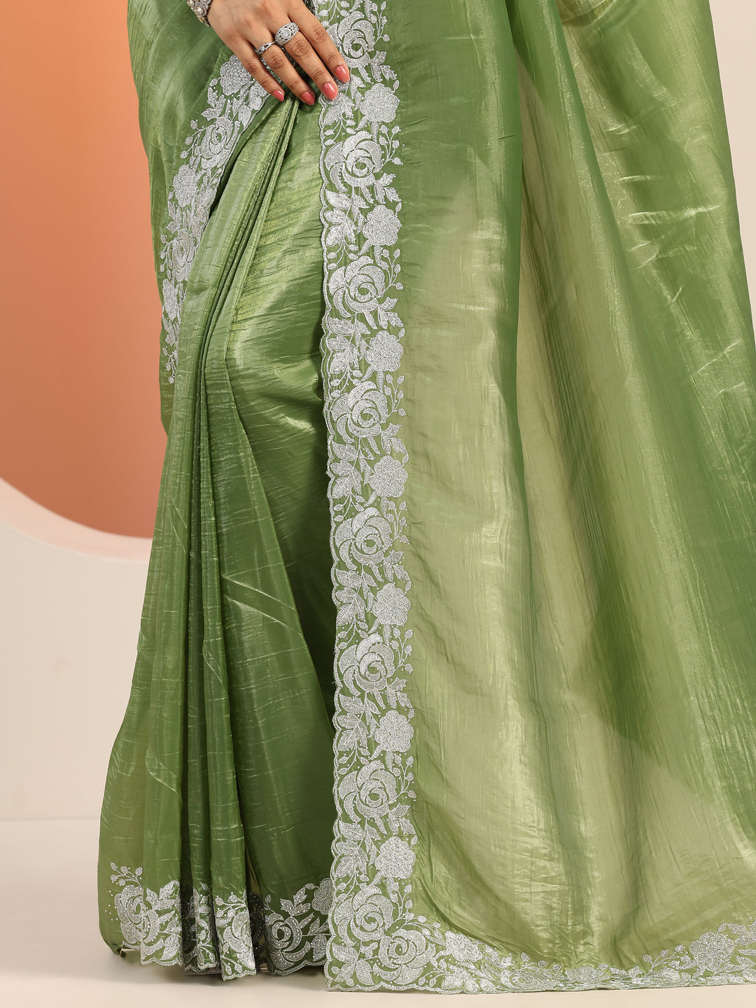  Olive Embroidered Organza Saree With Unstitched Blouse Piece 