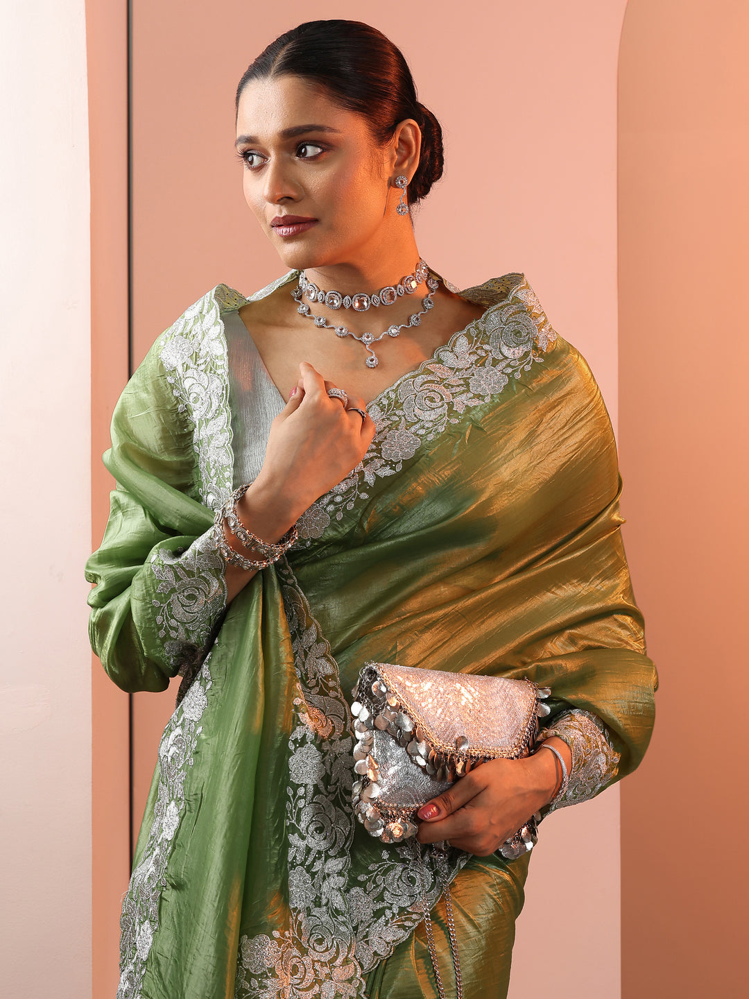 Olive Embroidered Organza Saree With Unstitched Blouse Piece 