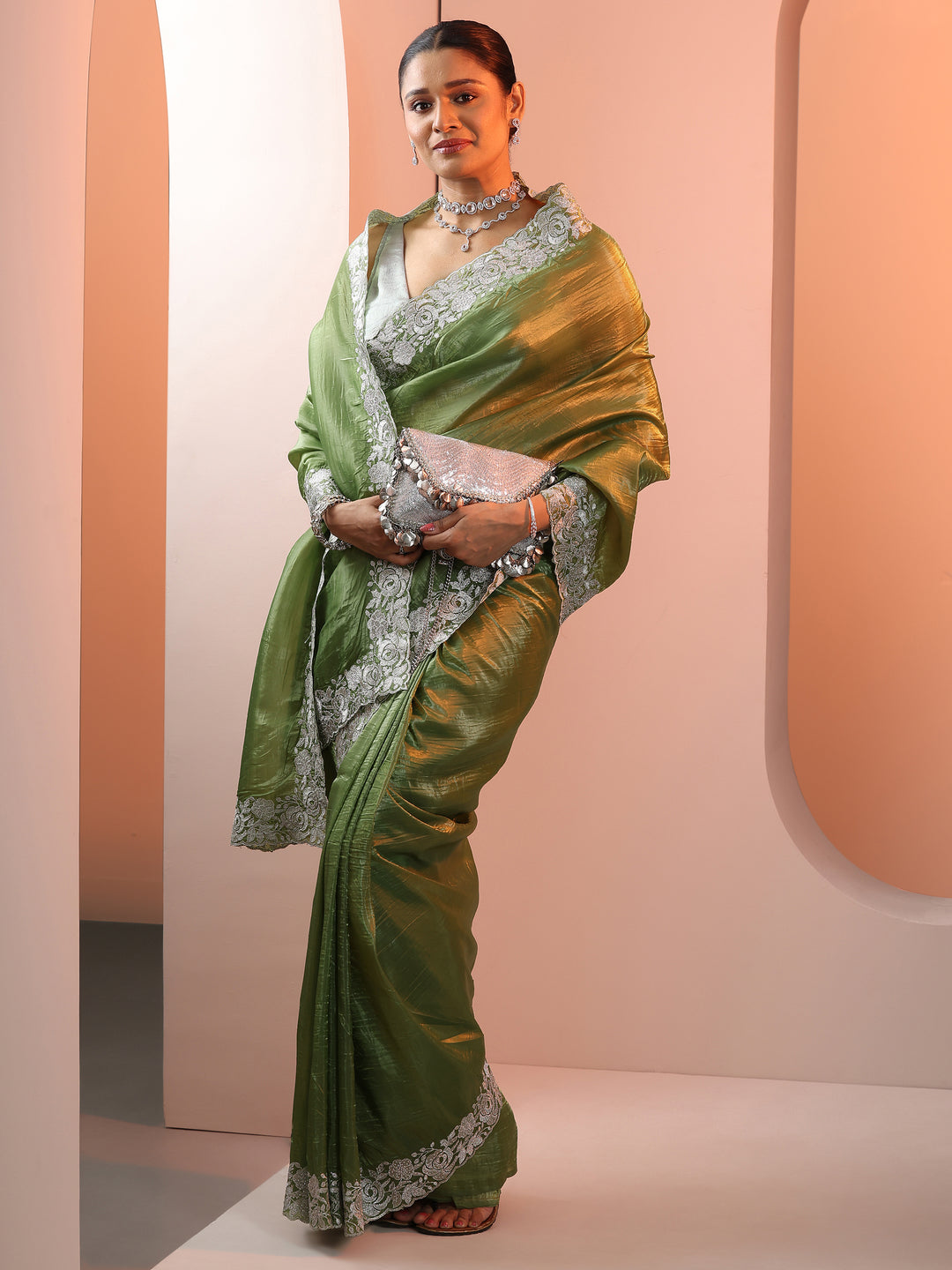 Olive Embroidered Organza Saree With Unstitched Blouse Piece