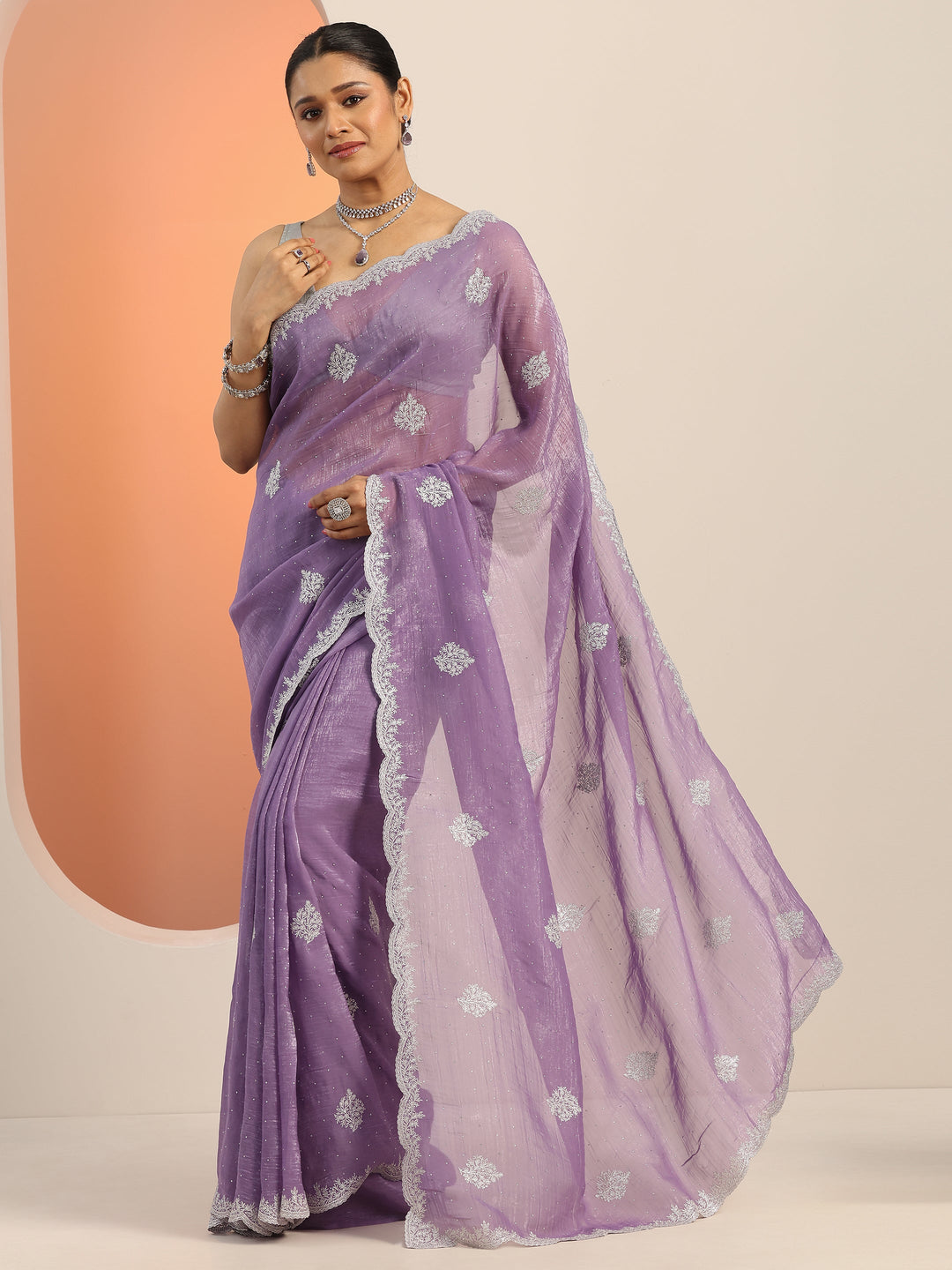  Lavender Embellished Silk blend Saree With Unstitched Blouse Piece 