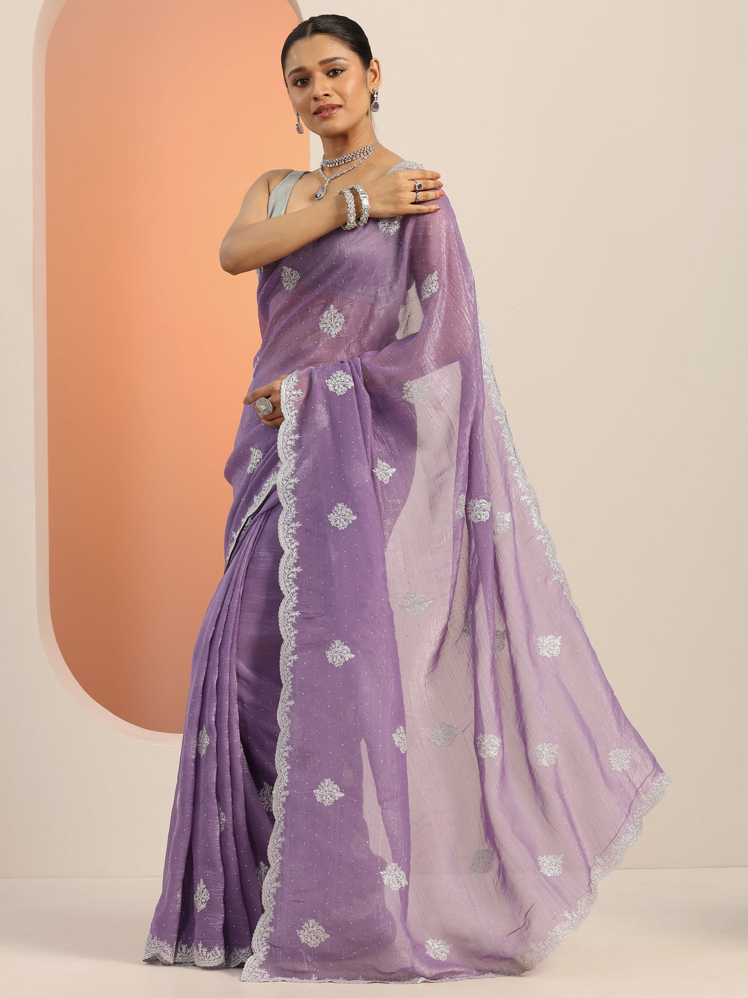  Lavender Embellished Silk blend Saree With Unstitched Blouse Piece 