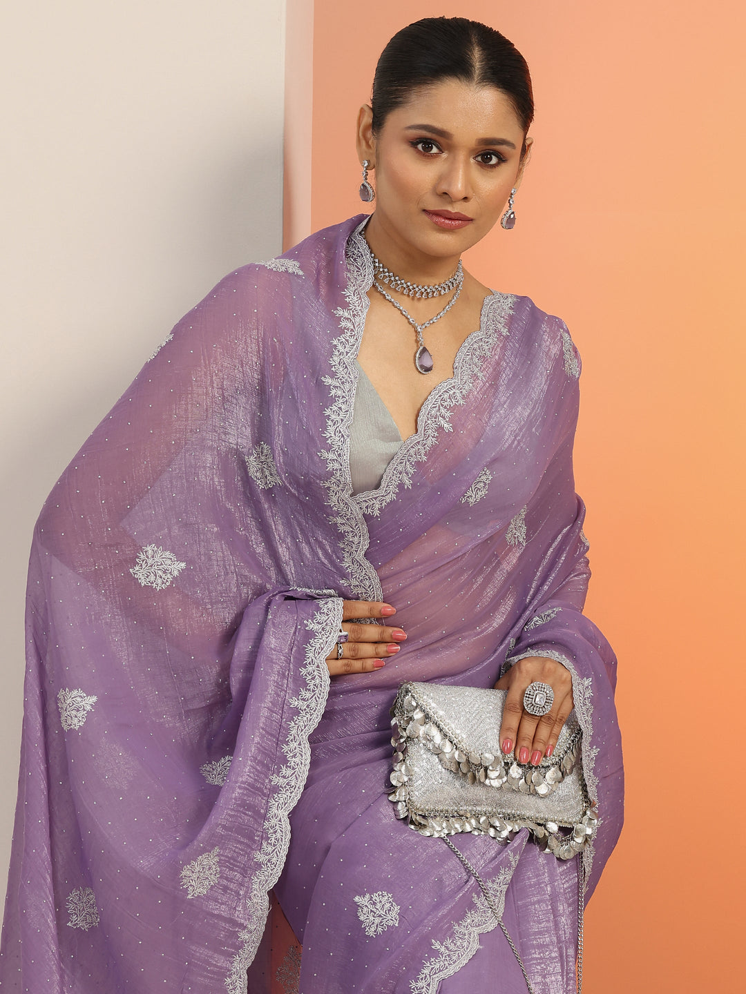  Lavender Embellished Silk blend Saree With Unstitched Blouse Piece 