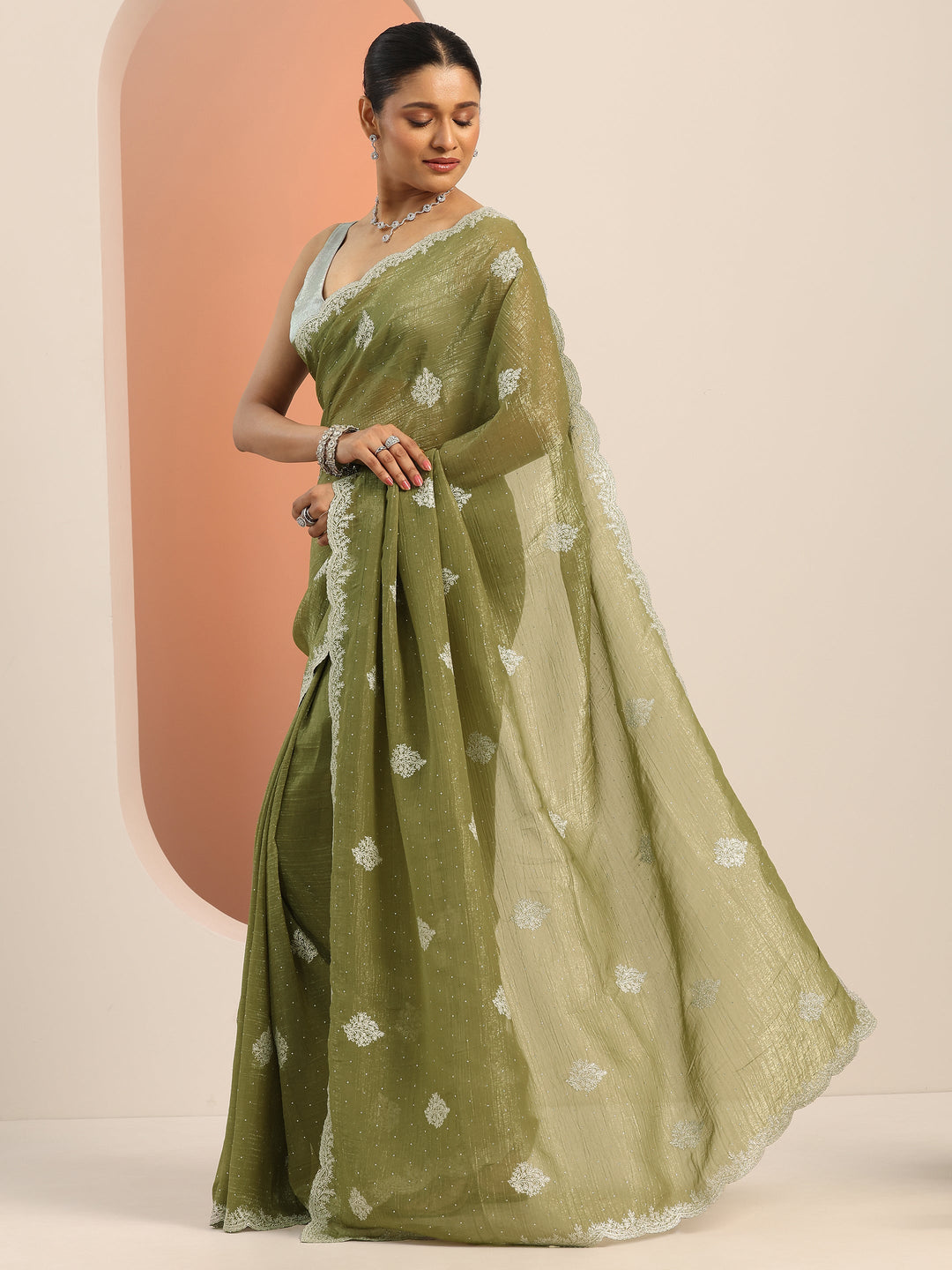  Olive Embellished Silk blend Saree With Unstitched Blouse Piece 