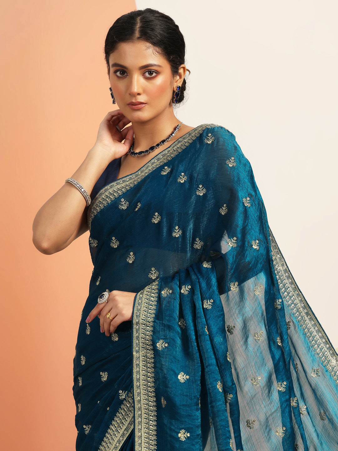  Teal Embroidered Chiffon Saree With Unstitched Blouse Piece 
