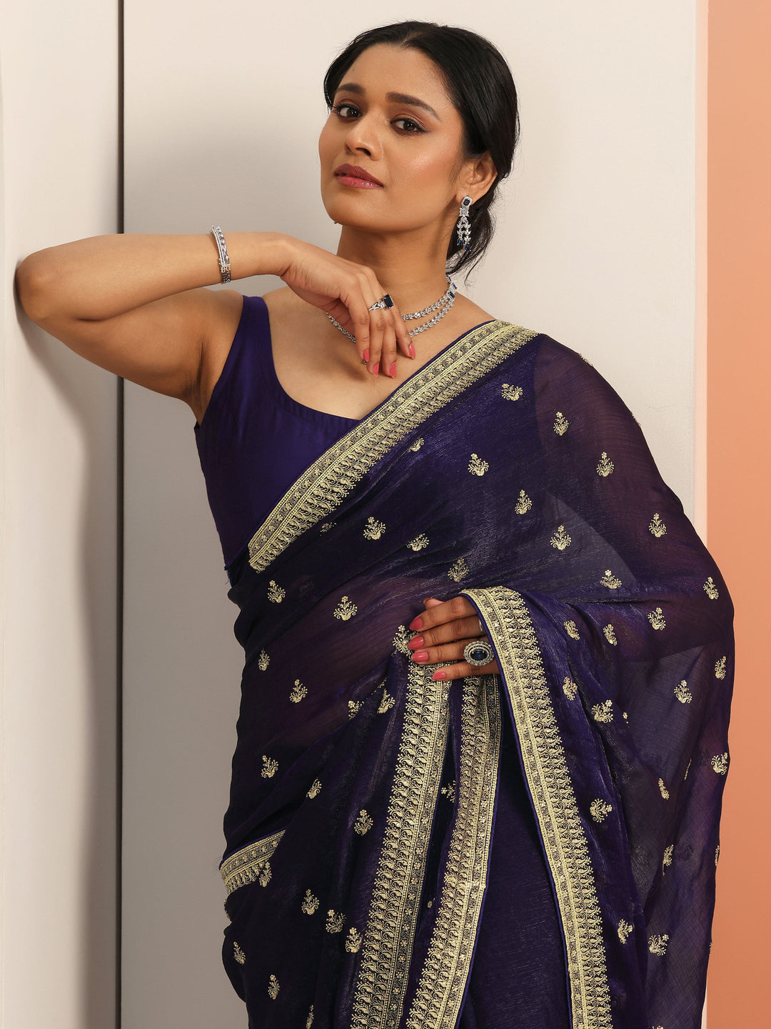  Purple Embroidered Chiffon Saree With Unstitched Blouse Piece 