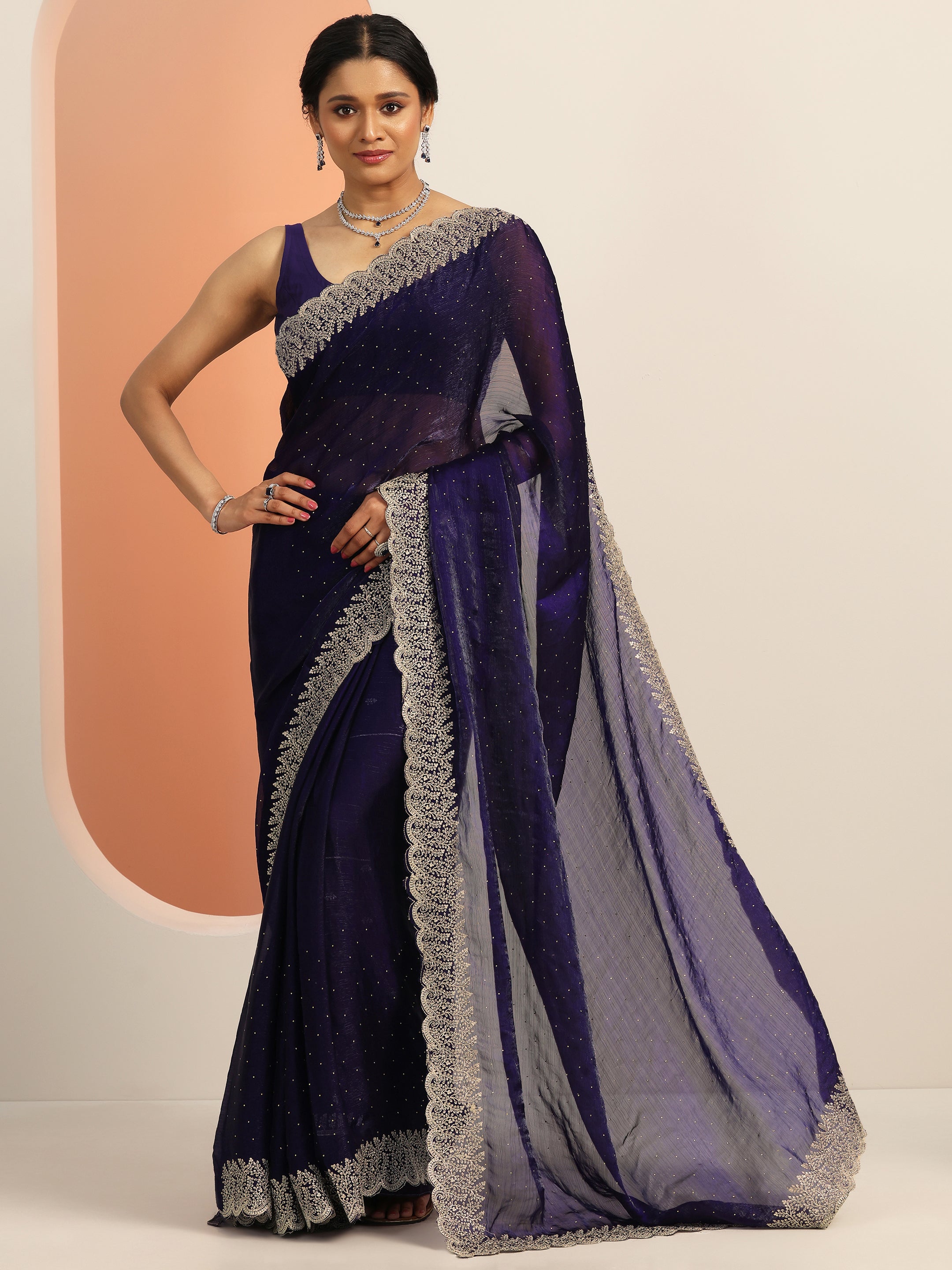 Navy blue Embellished Chiffon Saree With Unstitched Blouse Piece-image-11