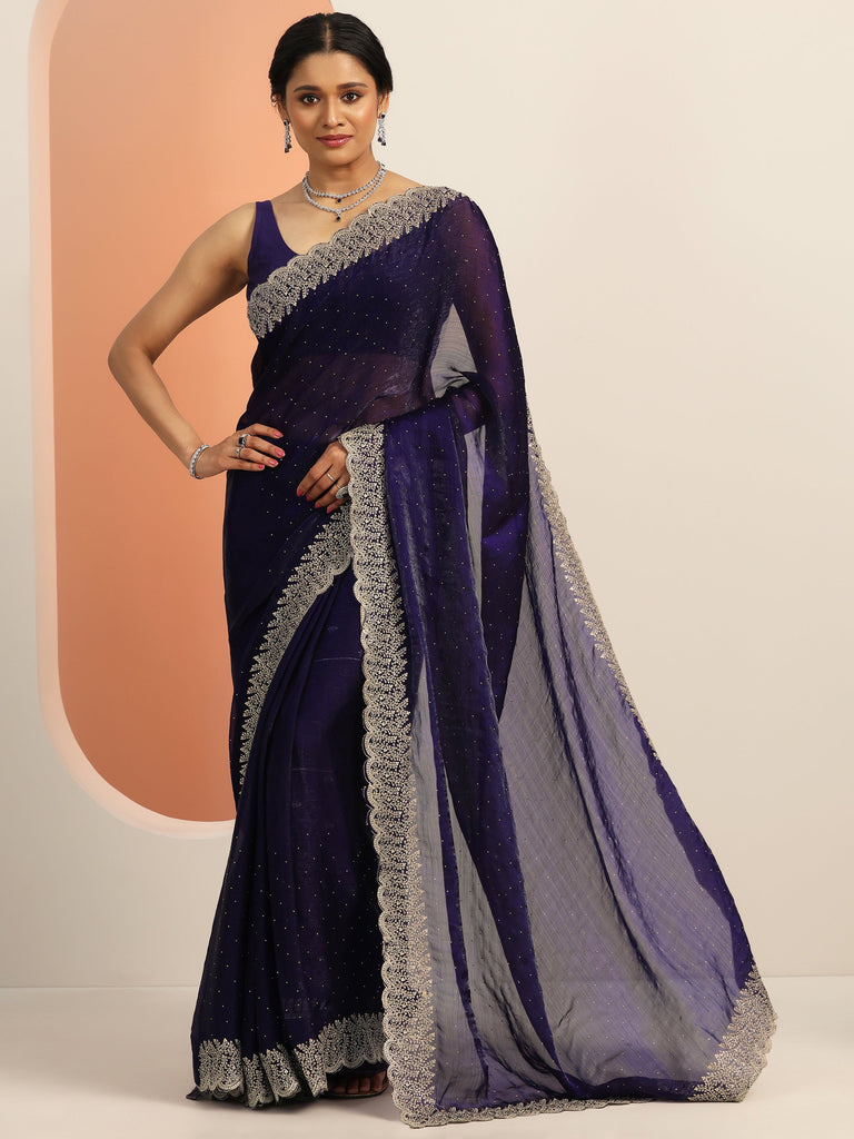 Libas Navy blue Embellished Chiffon Saree With Unstitched Blouse Piece