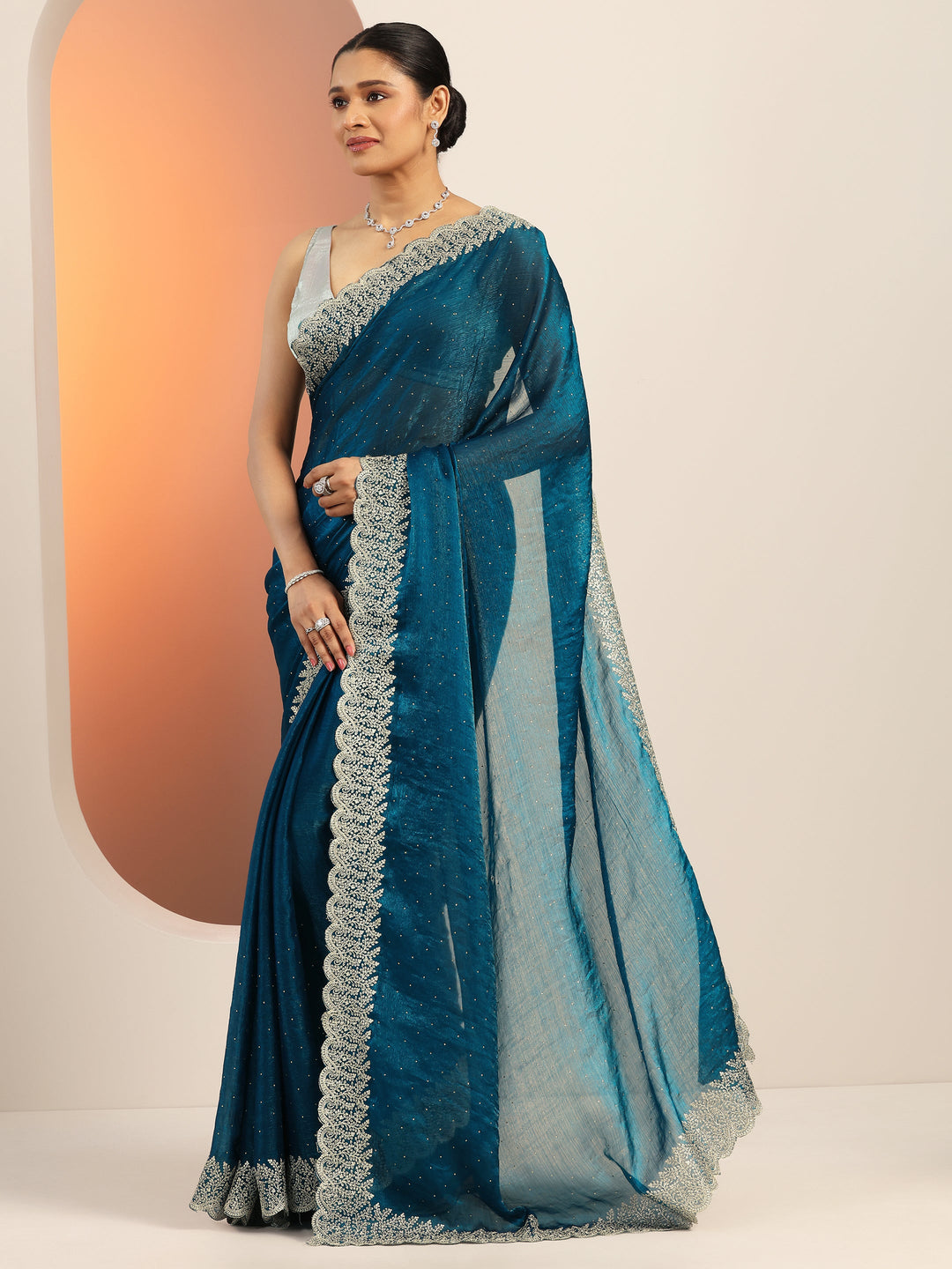  Blue Embellished Chiffon Saree With Unstitched Blouse Piece 