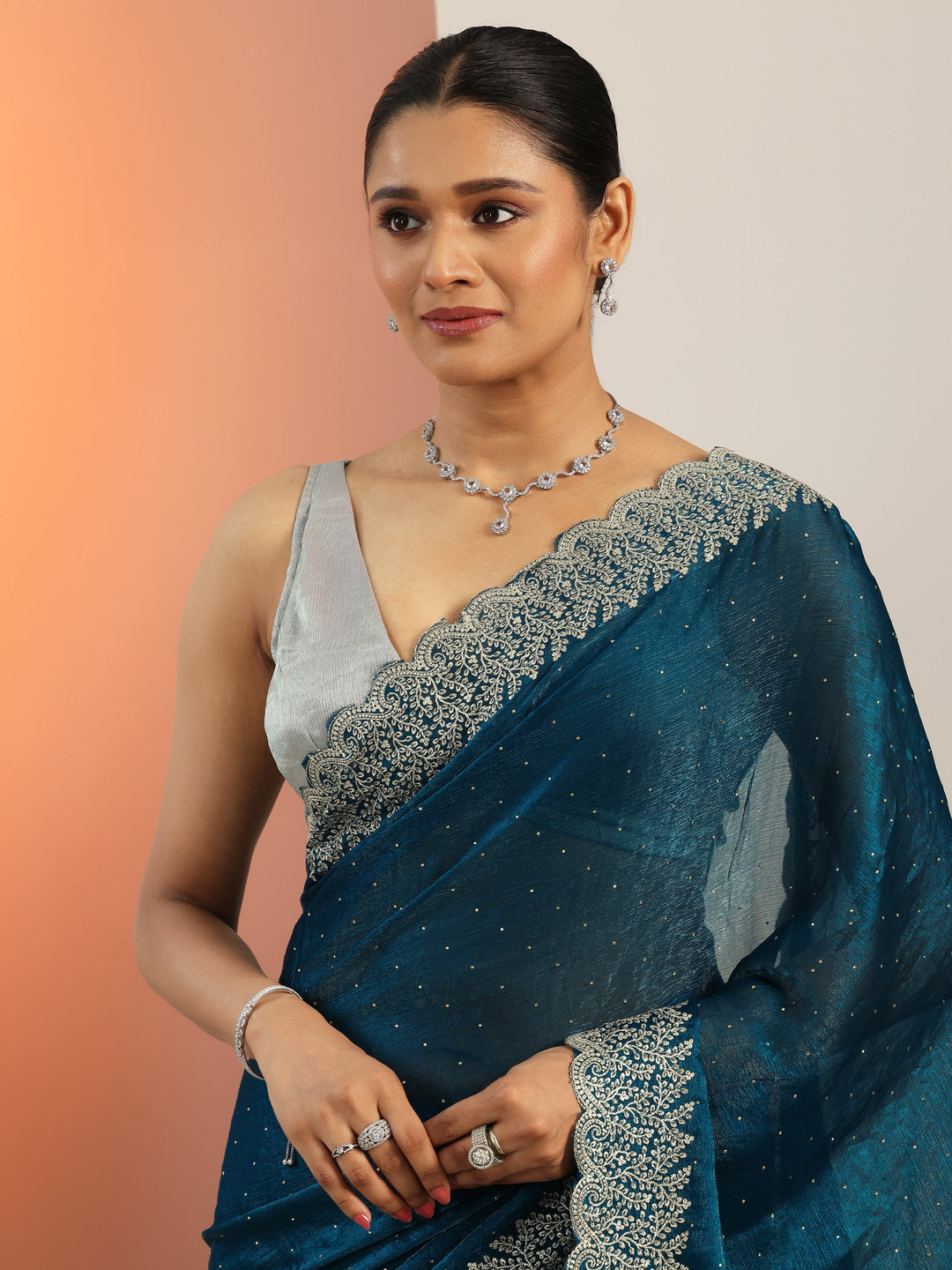  Blue Embellished Chiffon Saree With Unstitched Blouse Piece 