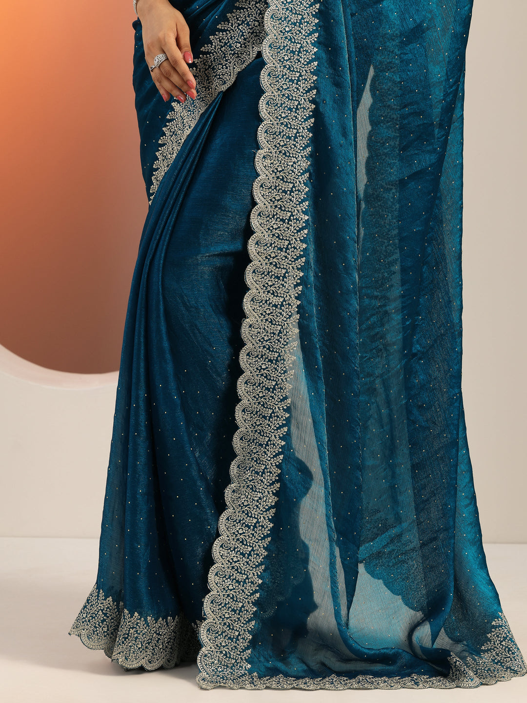 Blue Embellished Chiffon Saree With Unstitched Blouse Piece 