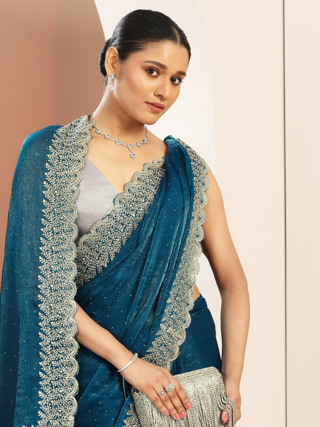  Blue Embellished Chiffon Saree With Unstitched Blouse Piece 