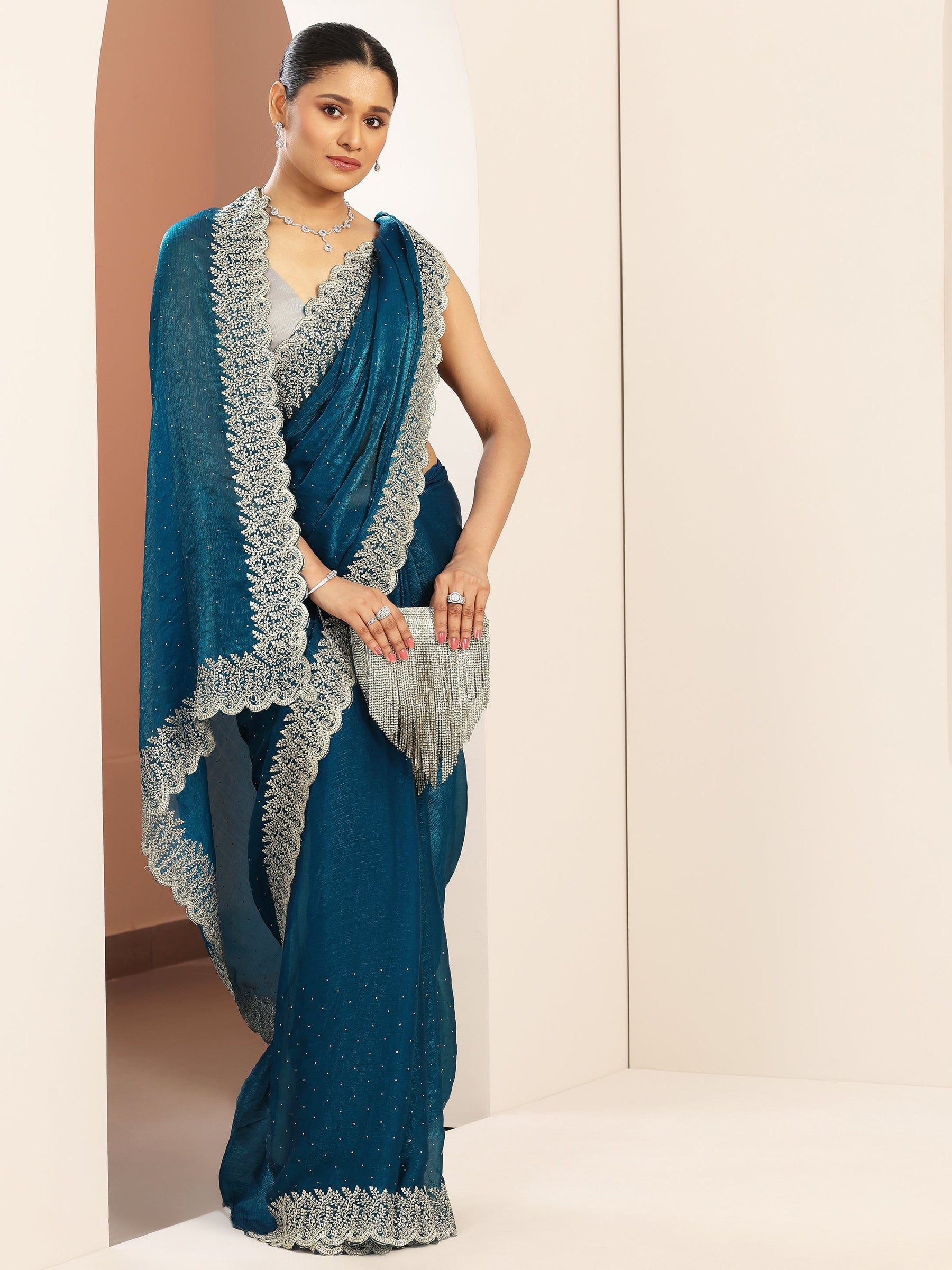 Blue Embellished Chiffon Saree With Unstitched Blouse Piece