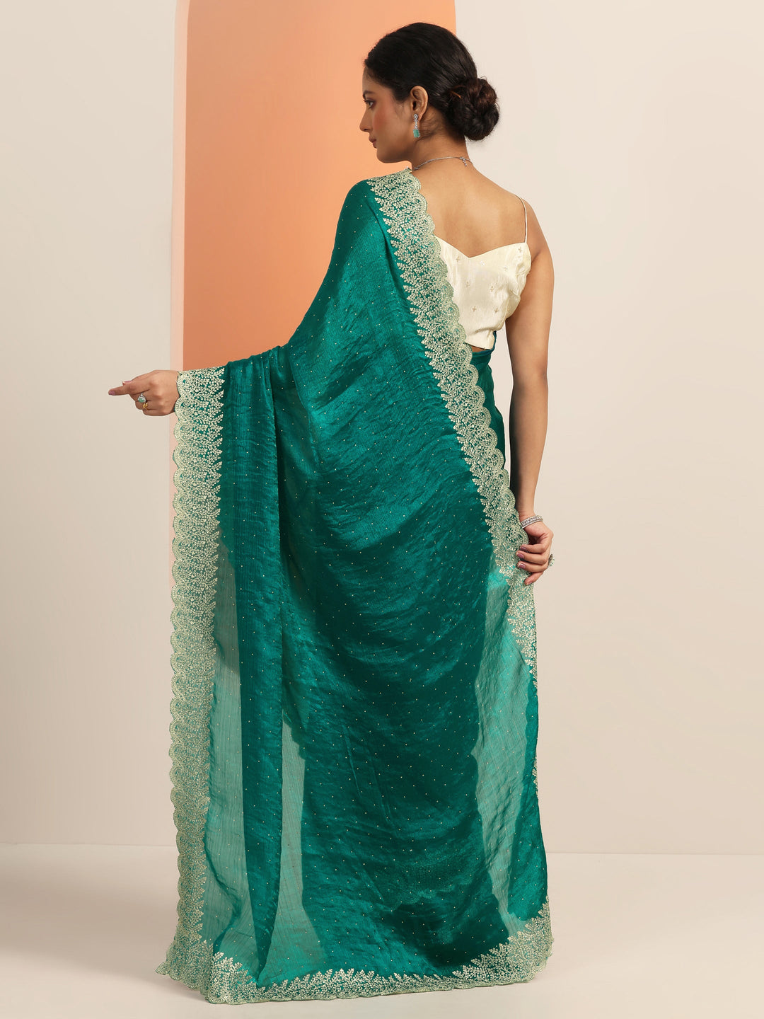  Teal Embellished Chiffon Saree With Unstitched Blouse Piece 