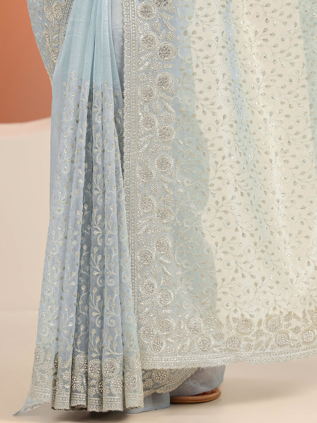  Blue Embroidered Nylon Saree With Unstitched Blouse Piece 