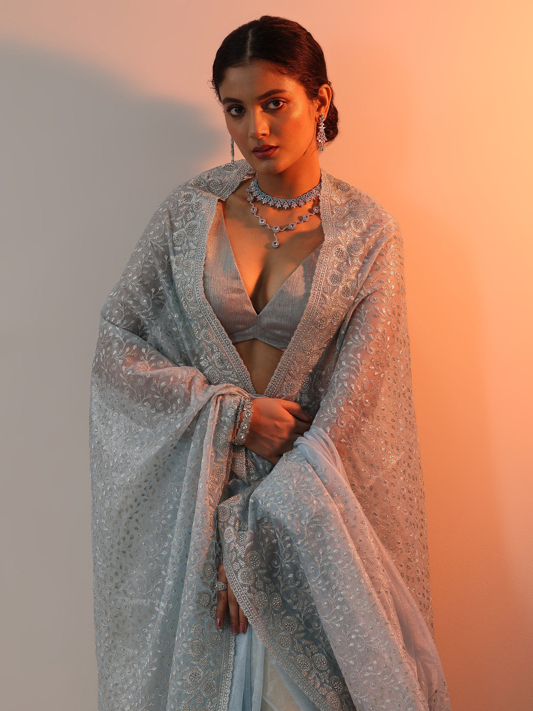  Blue Embroidered Nylon Saree With Unstitched Blouse Piece 