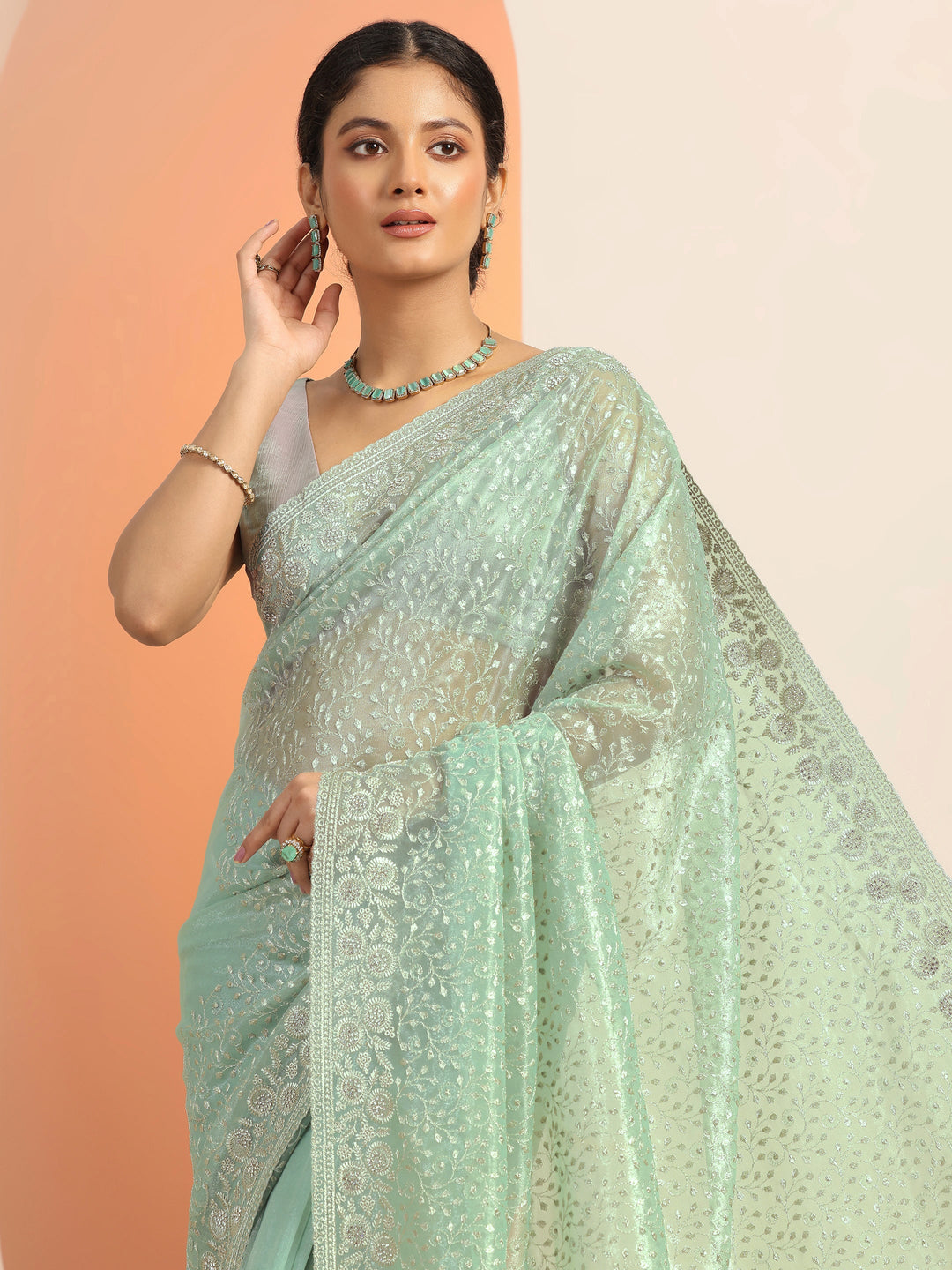  Green Embroidered Nylon Saree With Unstitched Blouse Piece 
