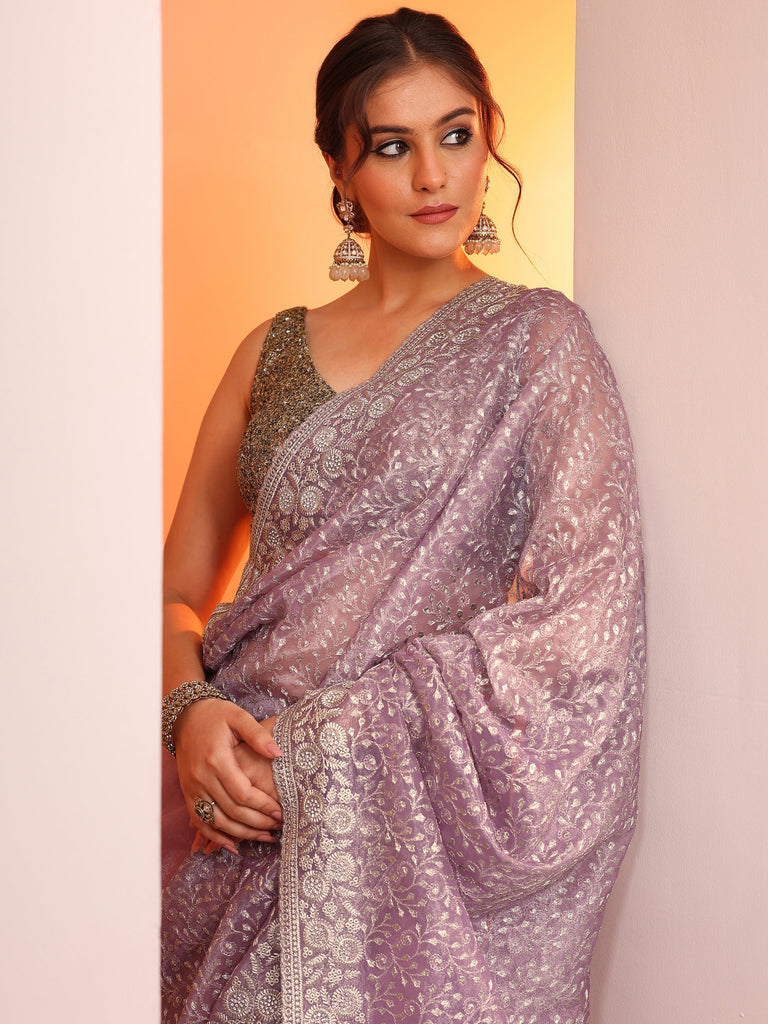 Libas Lavender Embroidered Nylon Saree With Unstitched Blouse Piece