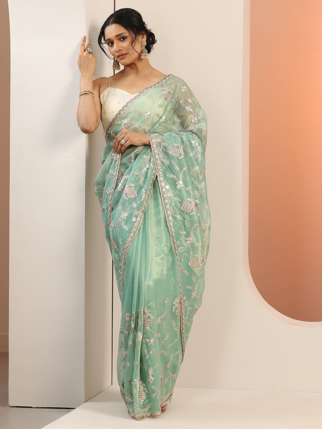  Green Embroidered Nylon Saree With Unstitched Blouse Piece 