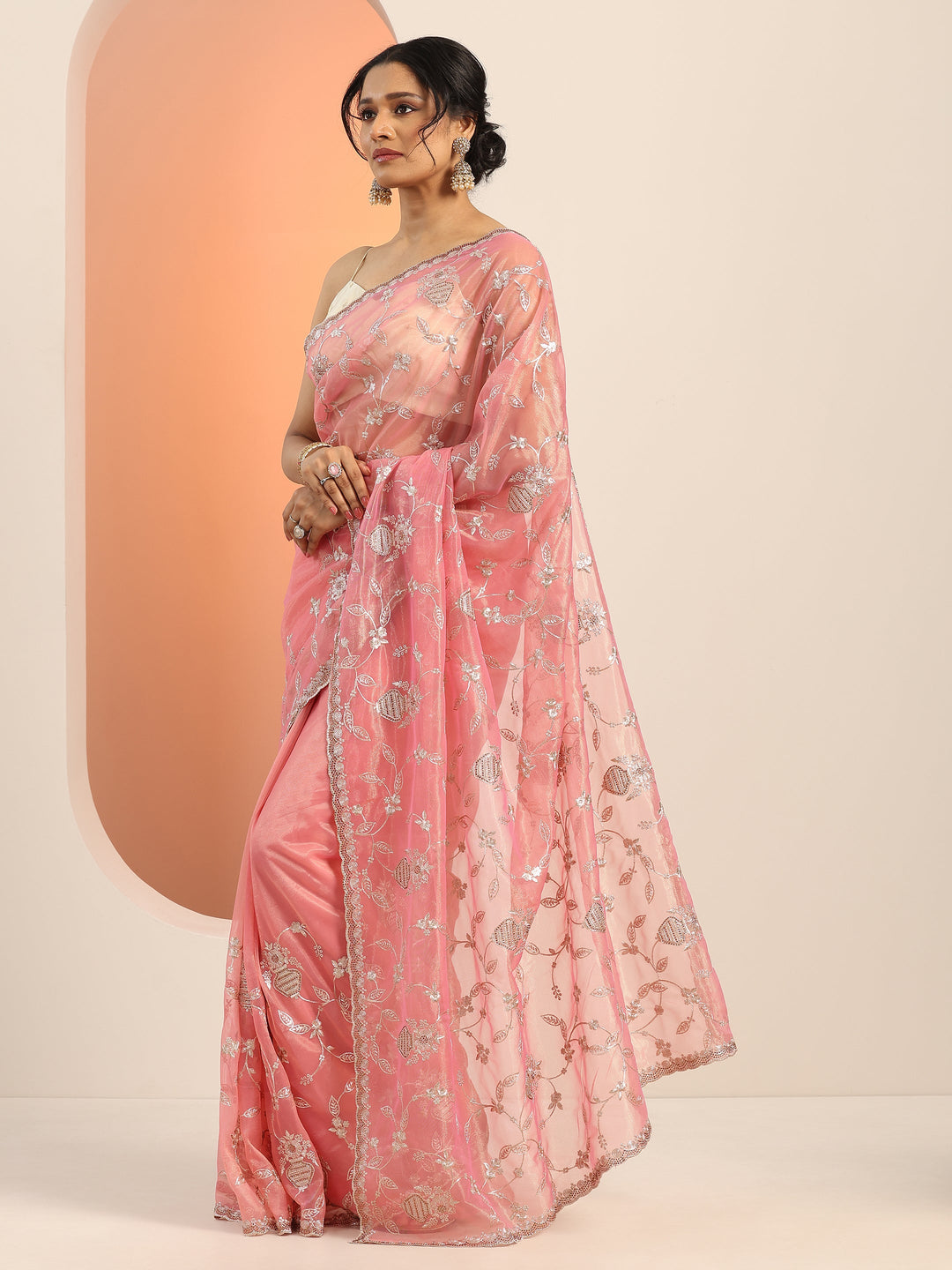  Pink Embroidered Nylon Saree With Unstitched Blouse Piece 