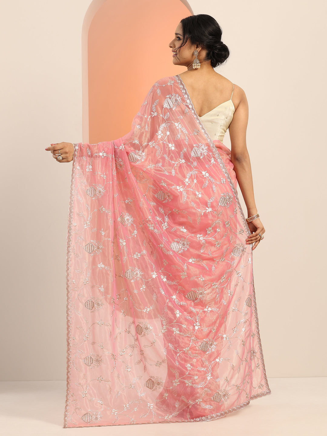  Pink Embroidered Nylon Saree With Unstitched Blouse Piece 