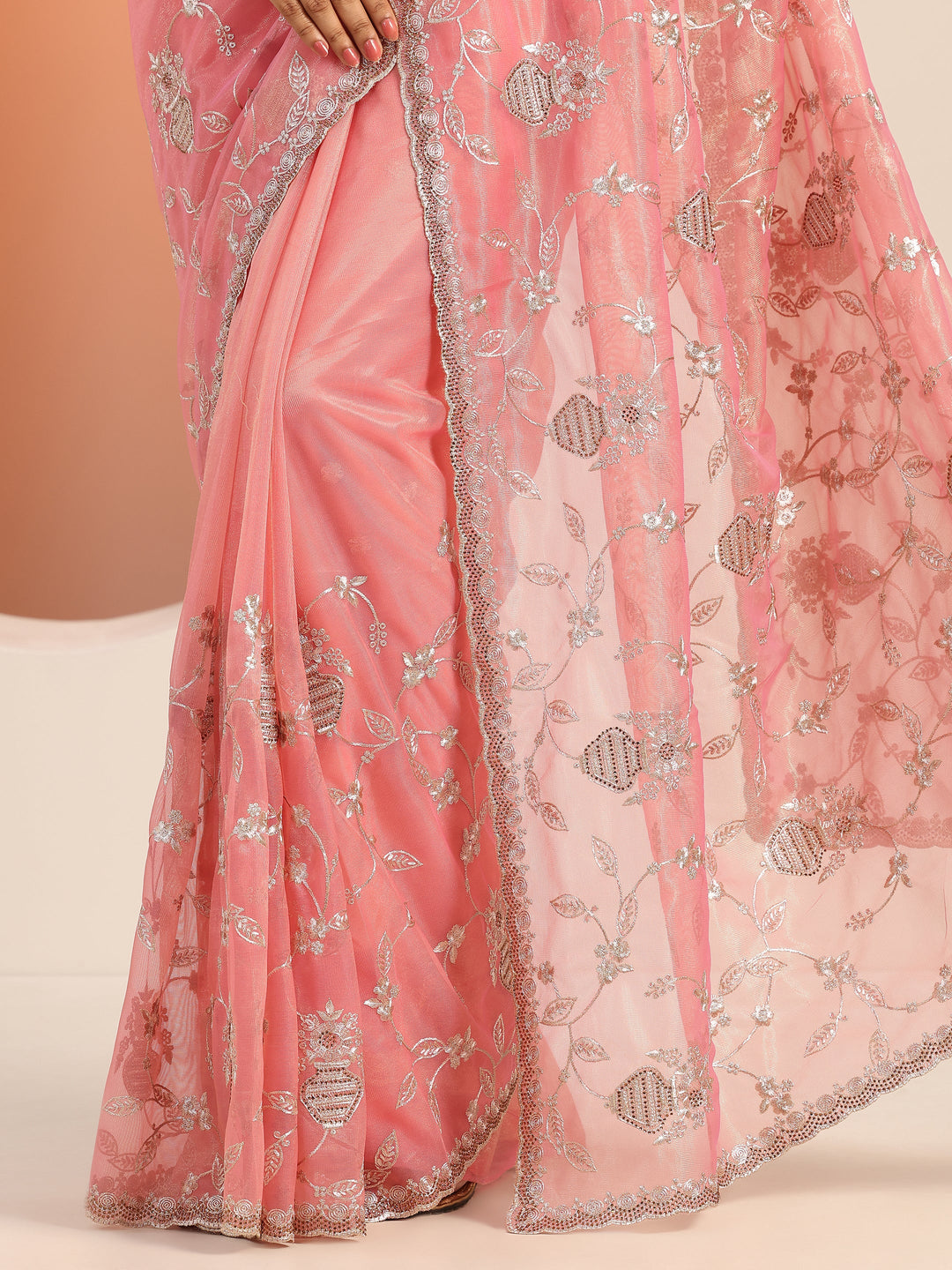  Pink Embroidered Nylon Saree With Unstitched Blouse Piece 