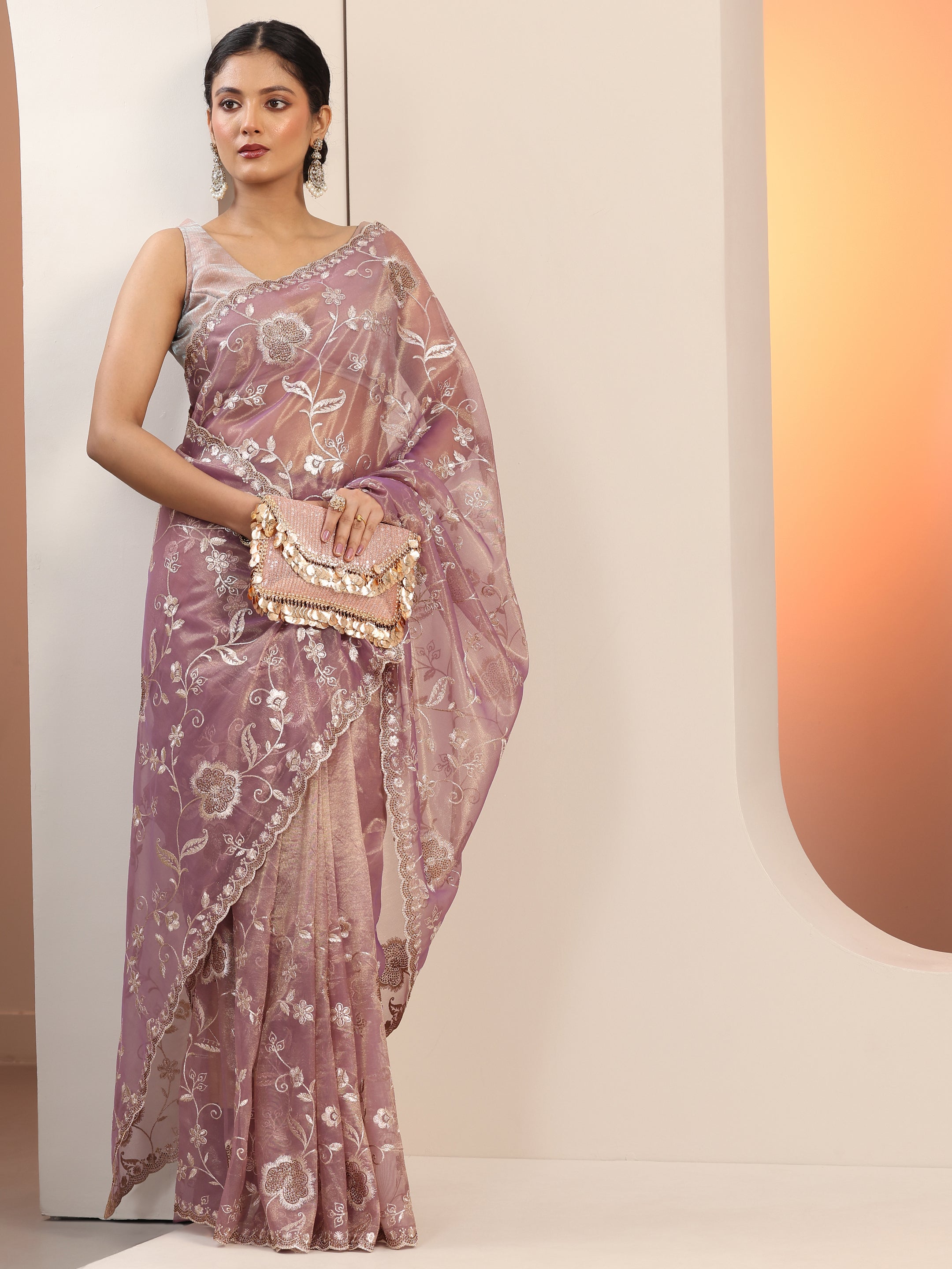 Mauve Embroidered Nylon Saree With Unstitched Blouse Piece-image-35