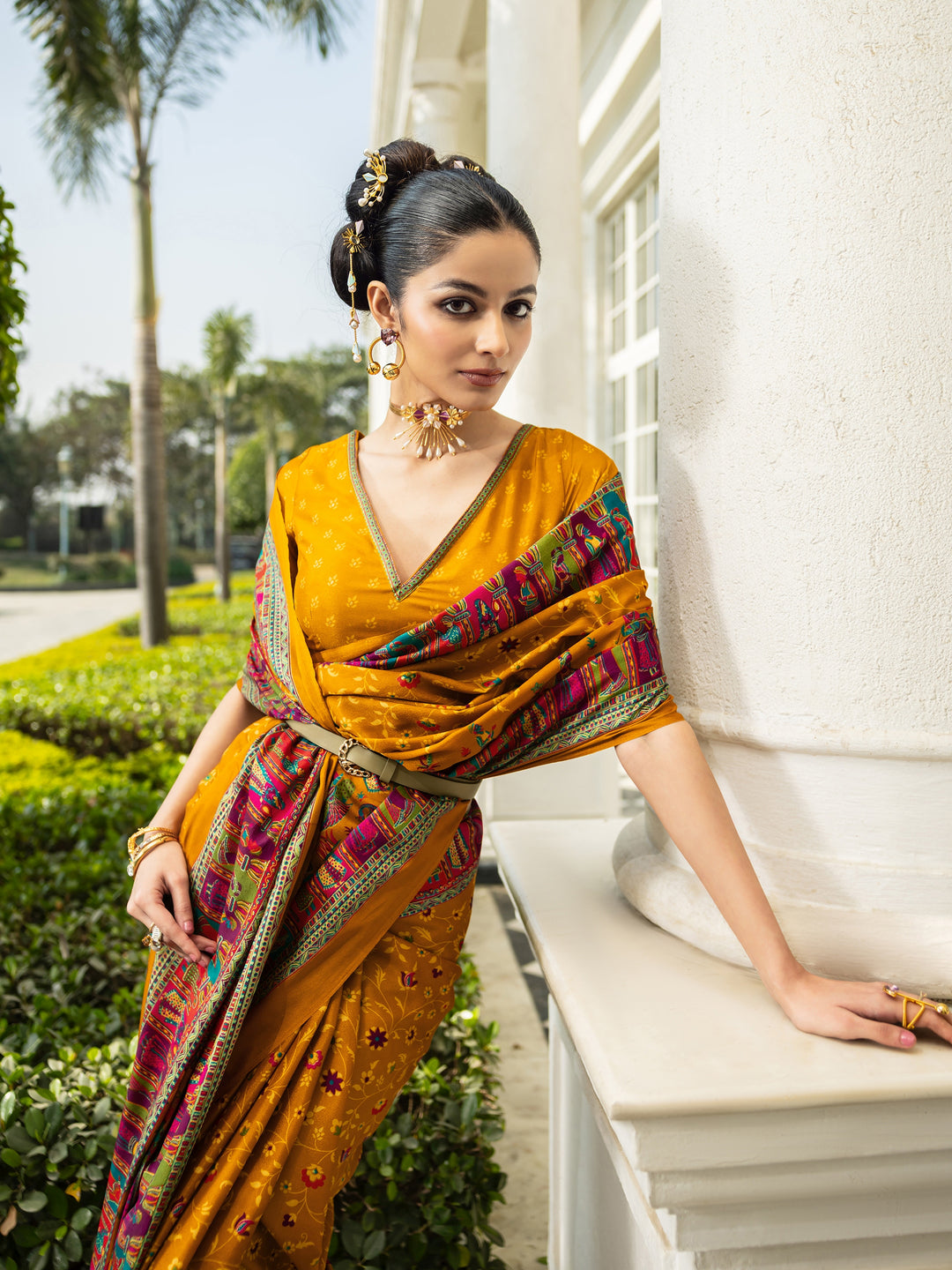 Mustard Printed Crepe Saree With Unstitched Blouse Piece